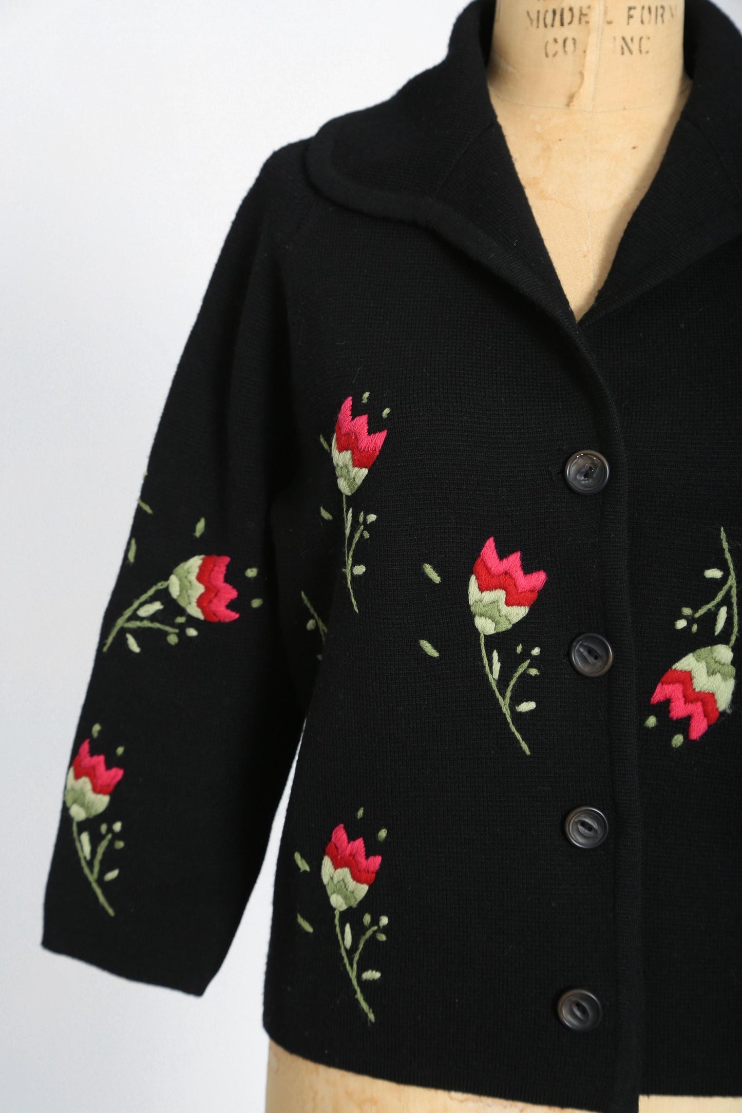 60s Italian black floral knit cardigan | Vintage 1960s Embroidered floral tulip cardigan