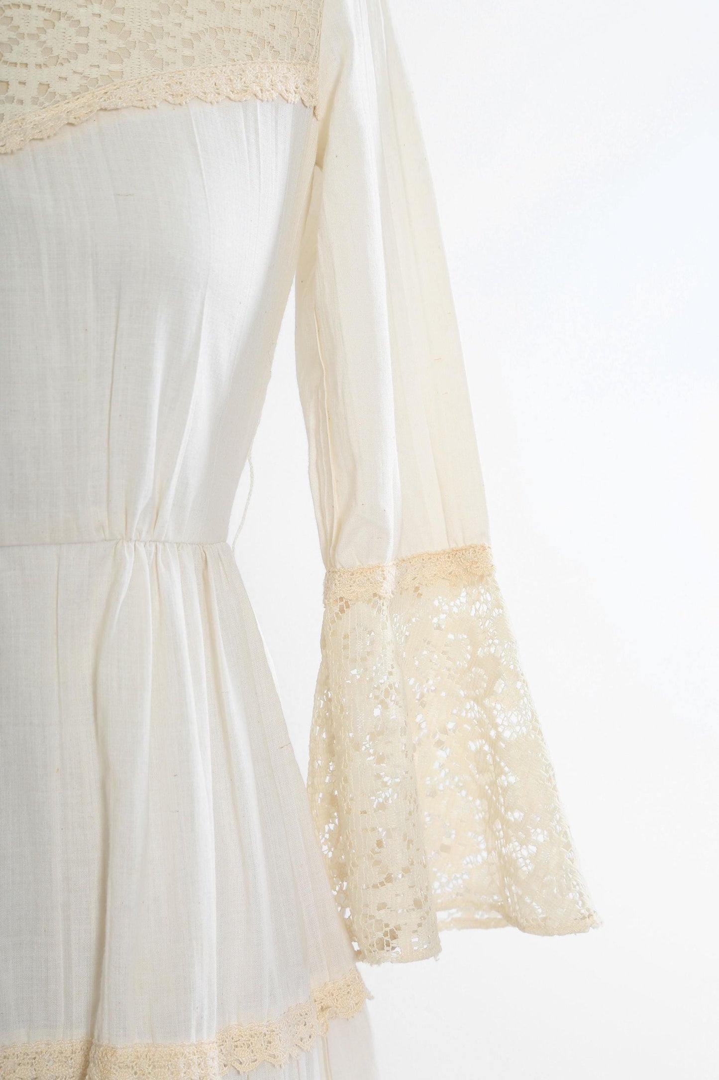 Peasant cotton gauze dress | Vintage 70s bell sleeve cotton gauze maxi dress | 1970s boho crochet cotton gauze dress