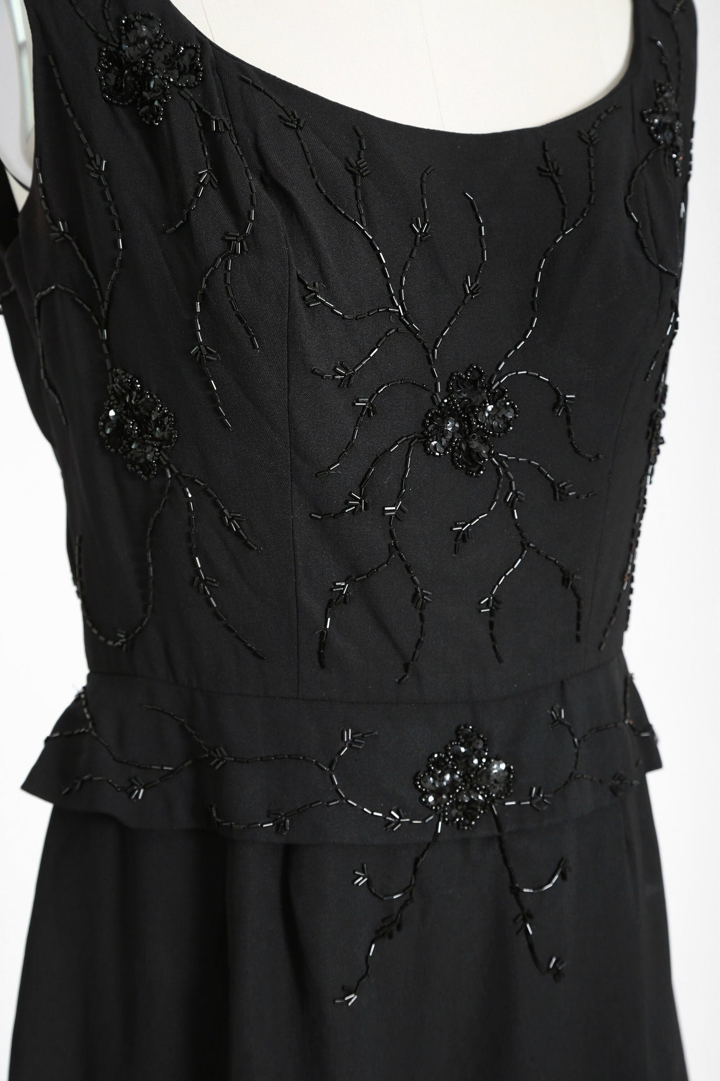 I. MAGNIN beaded dress | Vintage 60s black wool hand beaded sequin floral dress | 1960s cocktail dress