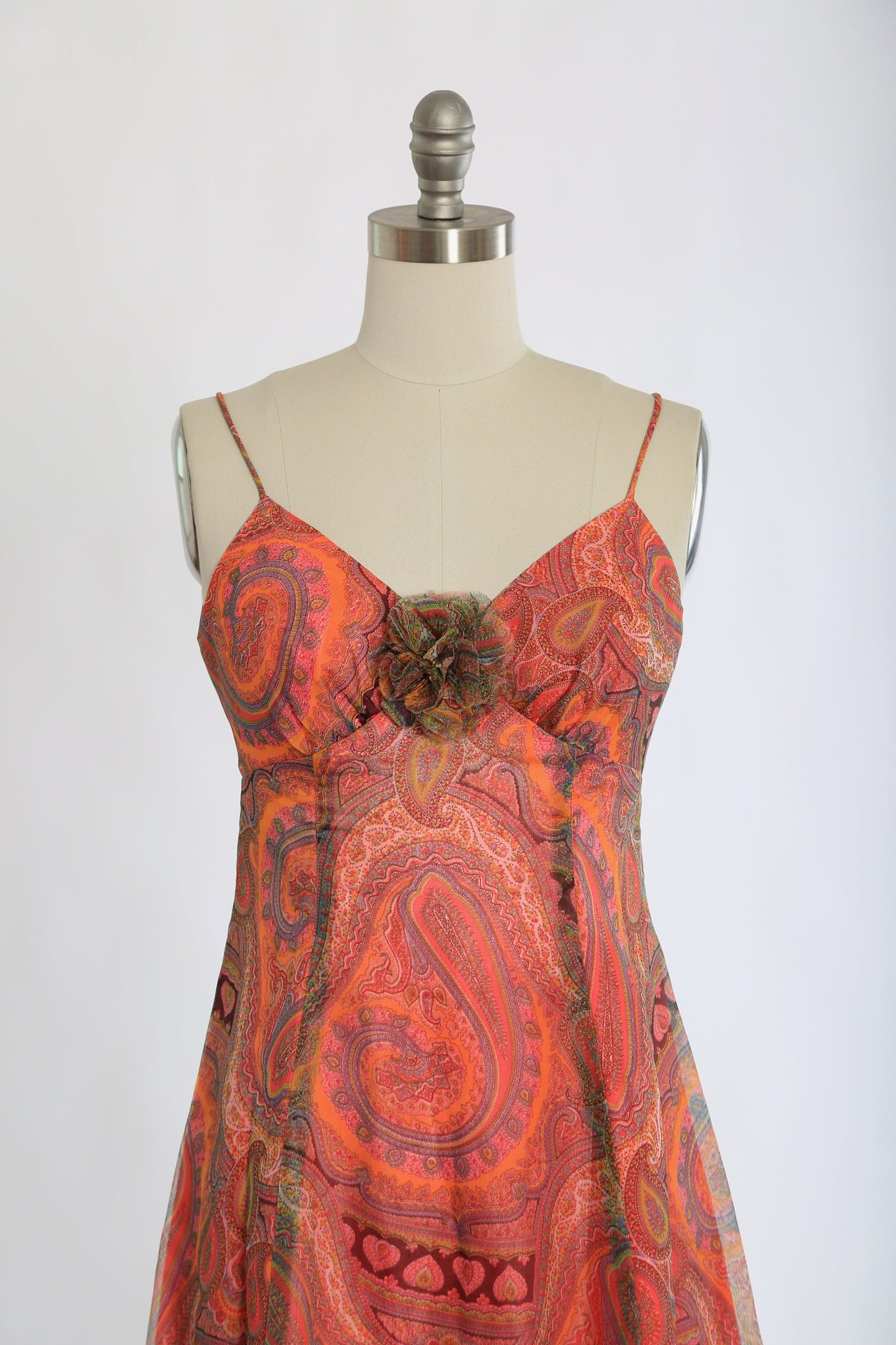 Vintage 70s psychedelic chiffon orange paisley maxi dress