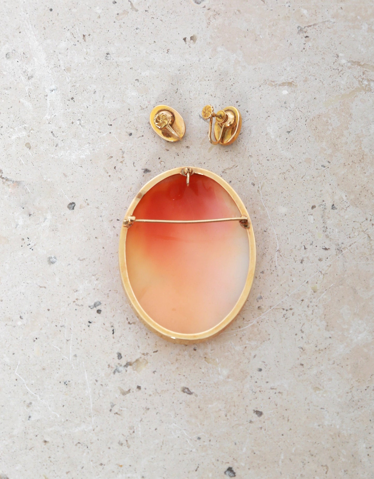 Antique Vintage 14K carved shell Cameo pendant Brooch earring set
