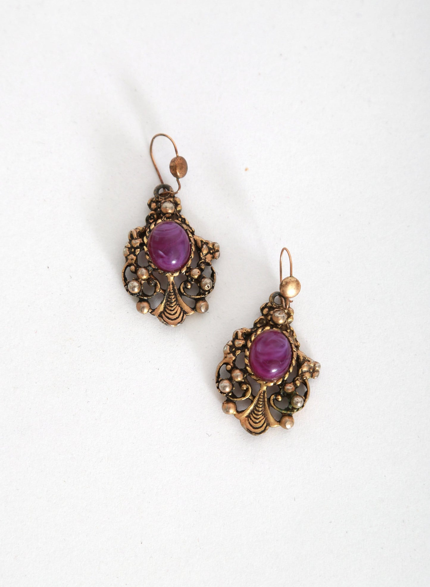 60s chandelier earrings | Vintage 1960s ornate gold tone purple drop earrings