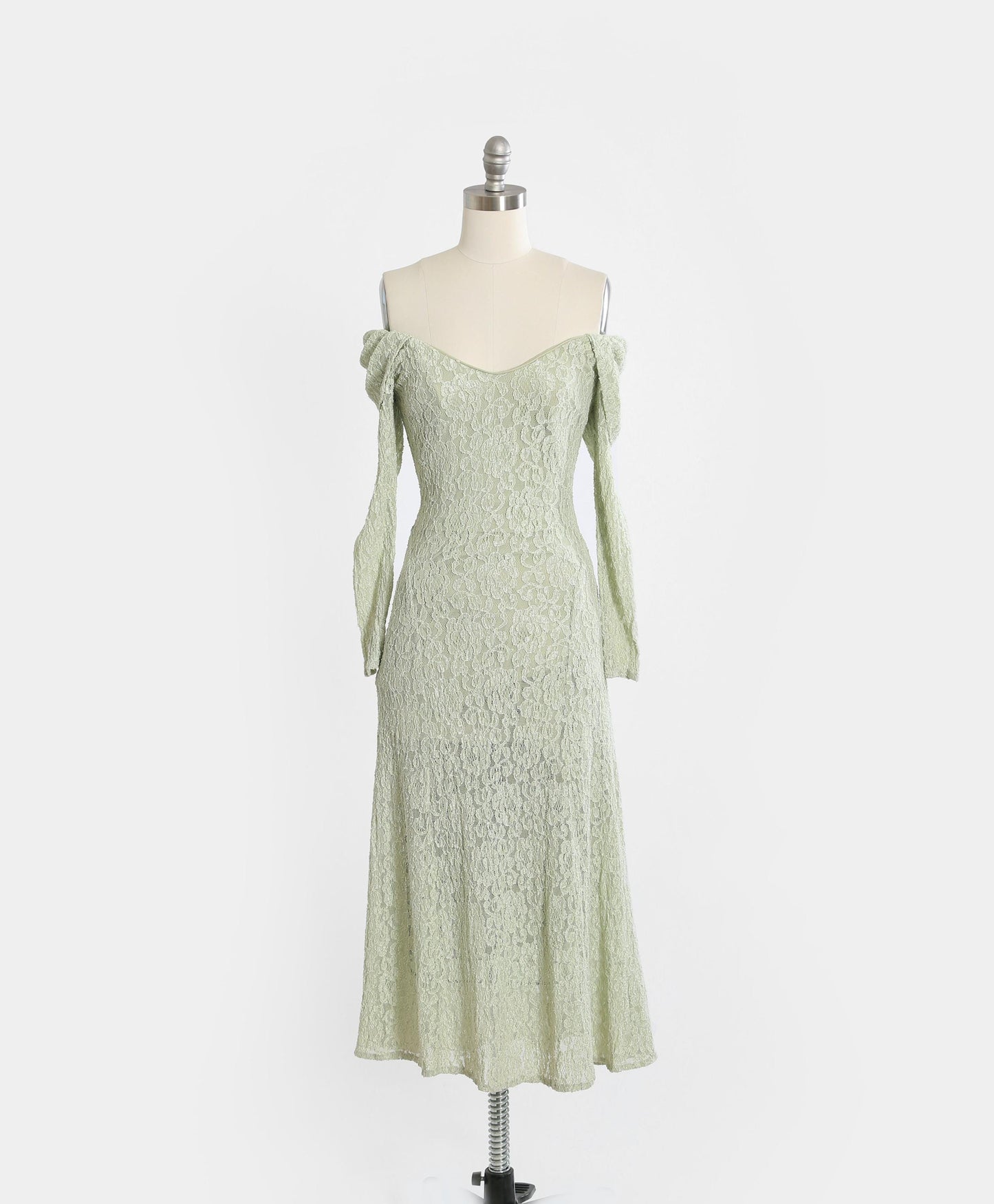 Vintage 90s Mint green floral lace off the shoulder bodycon maxi dress