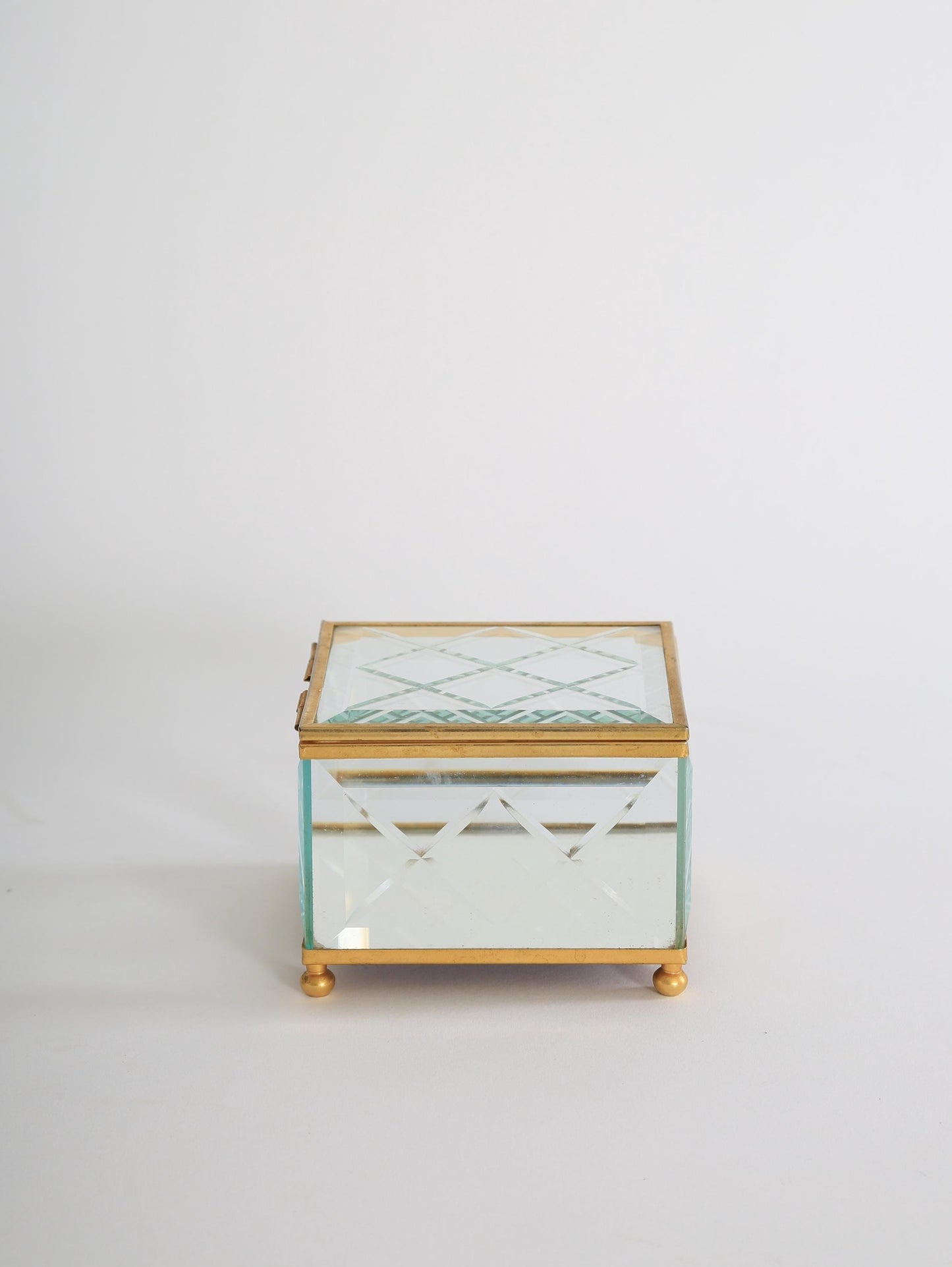 Vintage cut glass brass Jewelry Casket Box