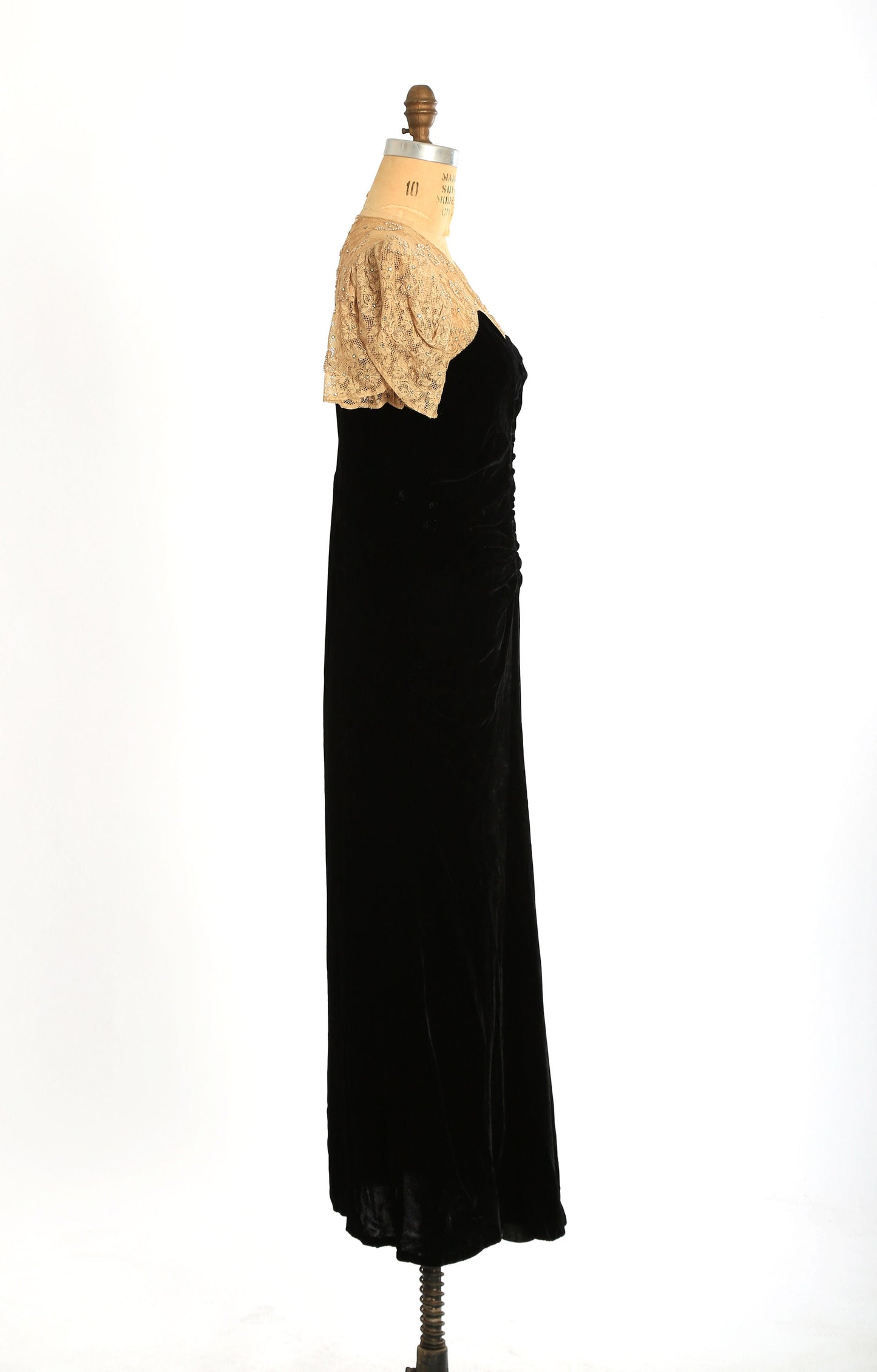 Antique Vintage 1930s black velvet floral rhinestone lace dress