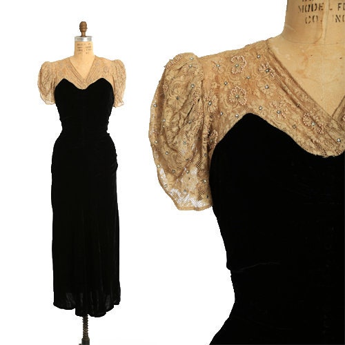 Antique Vintage 1930s black velvet floral rhinestone lace dress