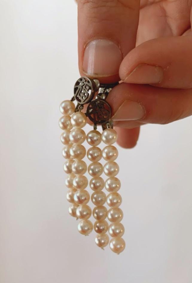 Vintage Ty Lee sterling Silver Chinese Pearl dangle earrings