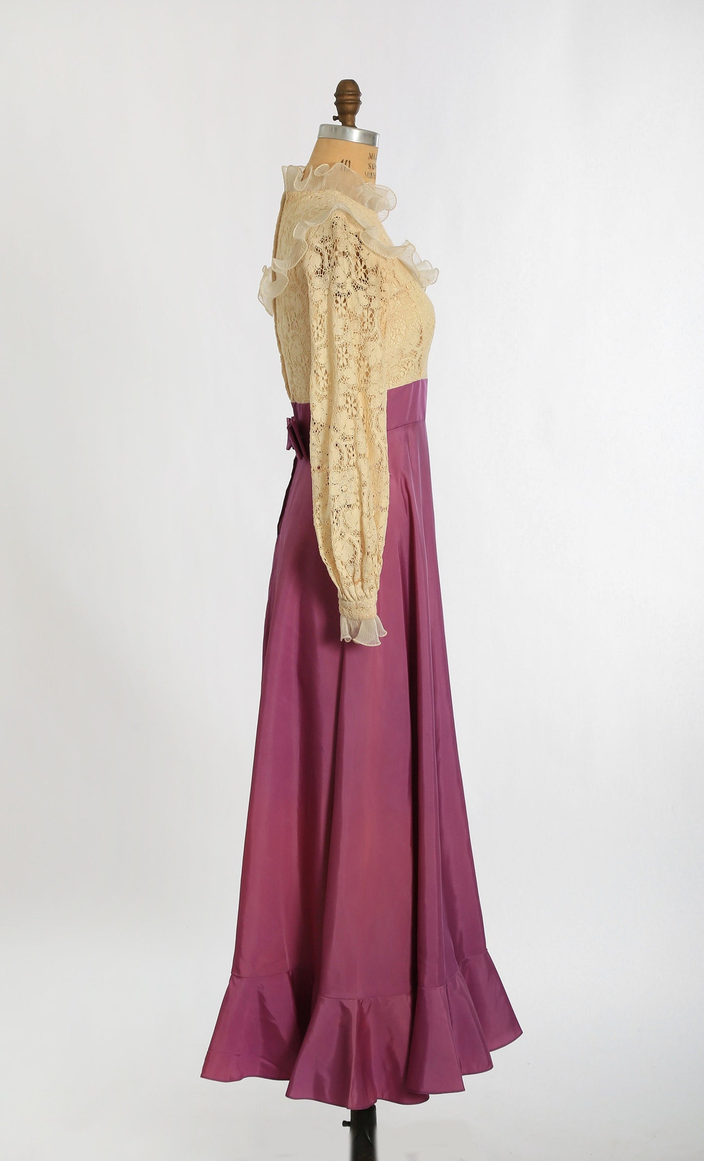 Vintage 70s ivory crochet lace purple ruffle Maxi dress