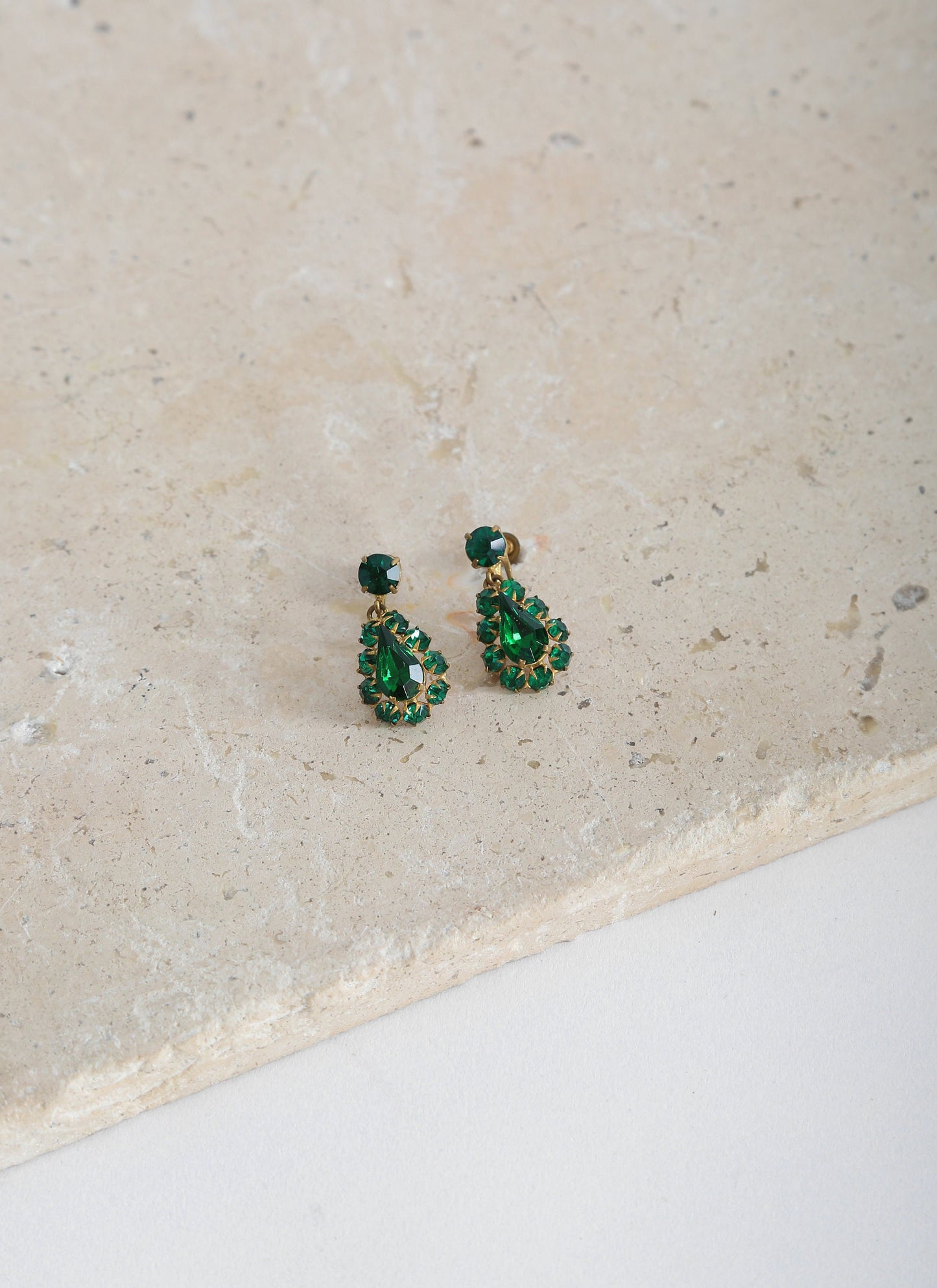 Vintage 50s Czech glass emerald green screw back earrings