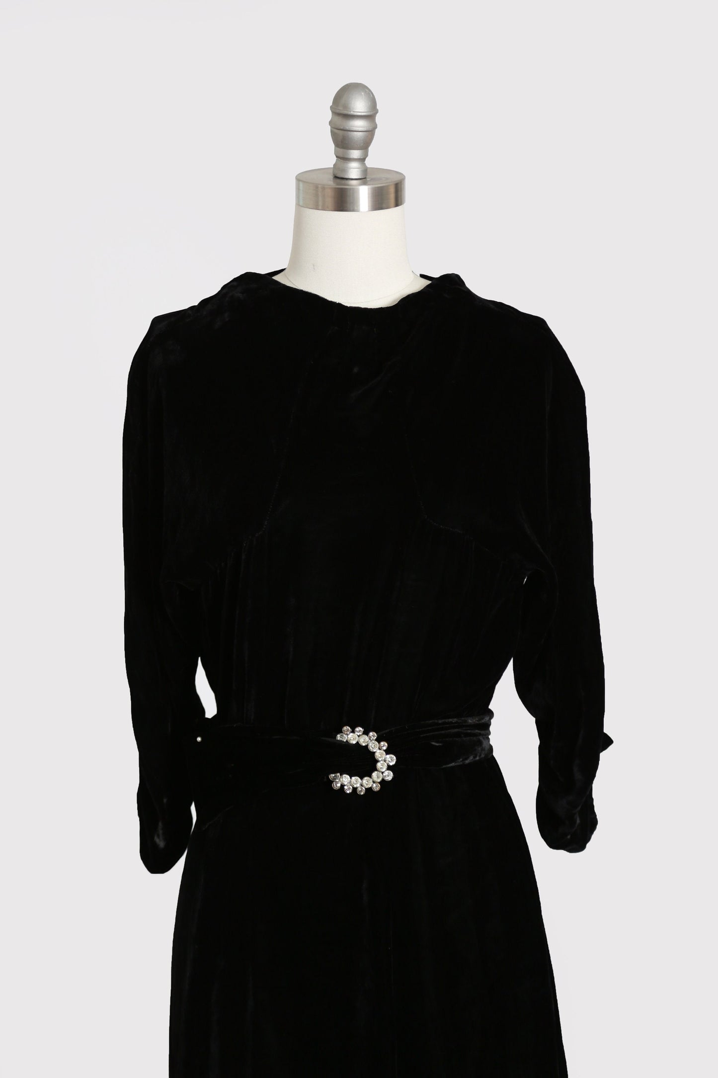40s black silk velvet dress | Antique Vintage 1940s velvet dress + paste glass belt