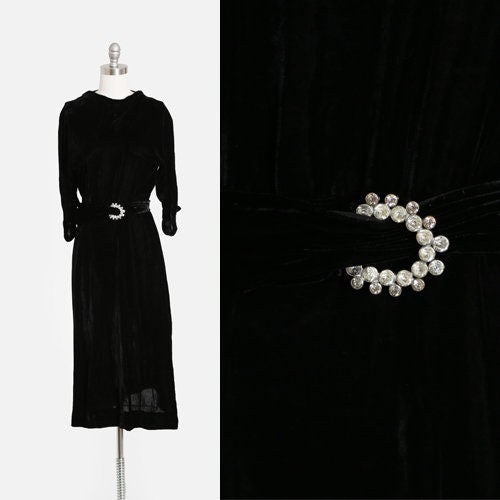 40s black silk velvet dress | Antique Vintage 1940s velvet dress + paste glass belt
