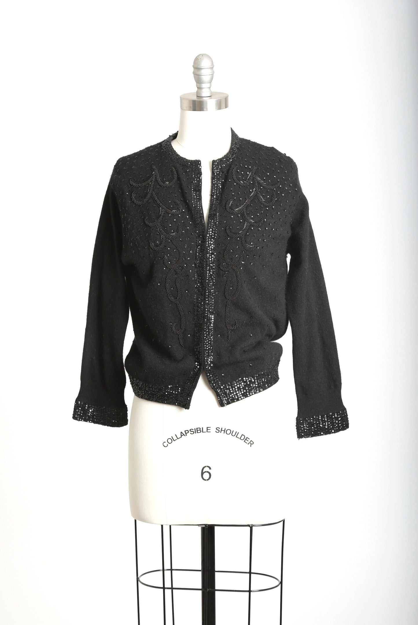 Sequin lambswool cardigan | Vintage 50s black sequin knit cardigan | 1950s Cyn Less angora beaded sweater