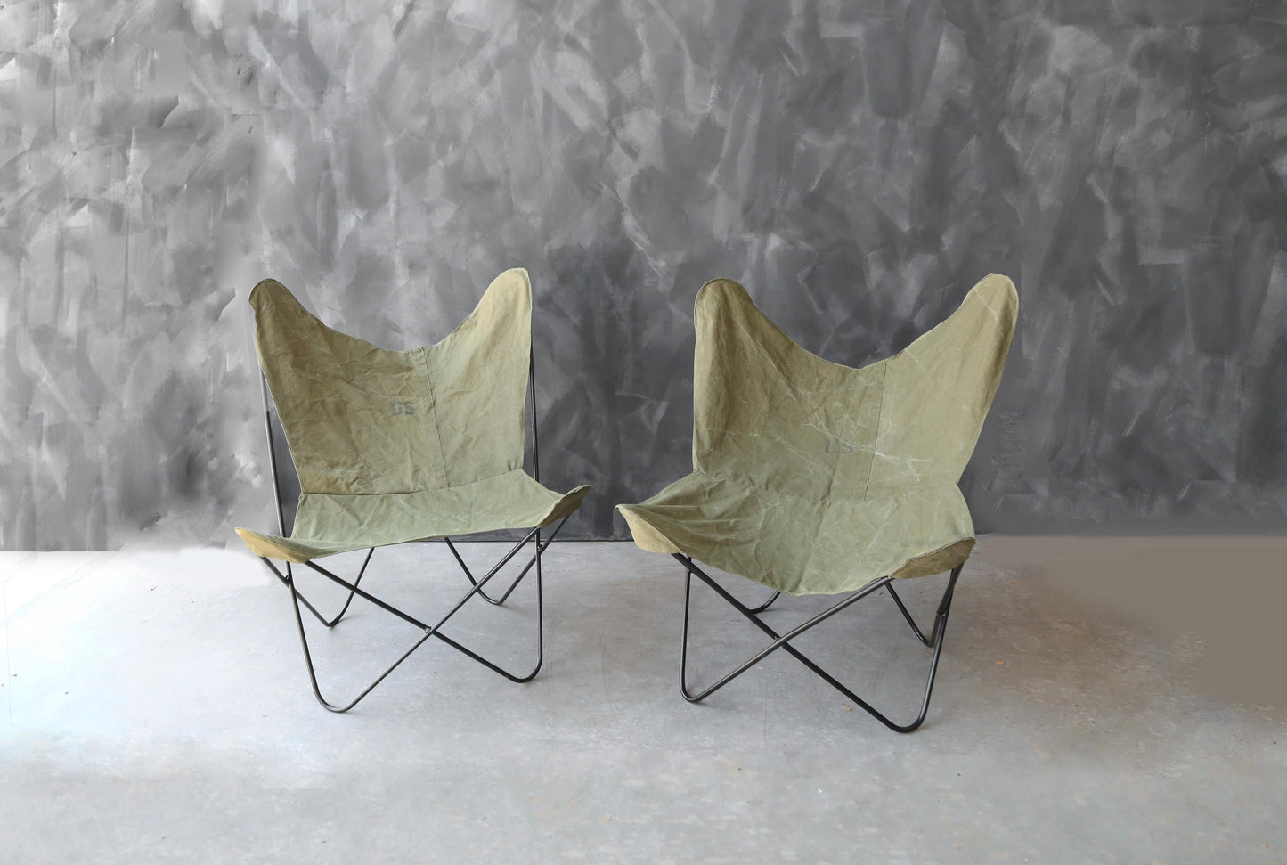 Mid Century Modern 1960s BKF Hardoy for Knoll Butterly chairs US Military canvas covers