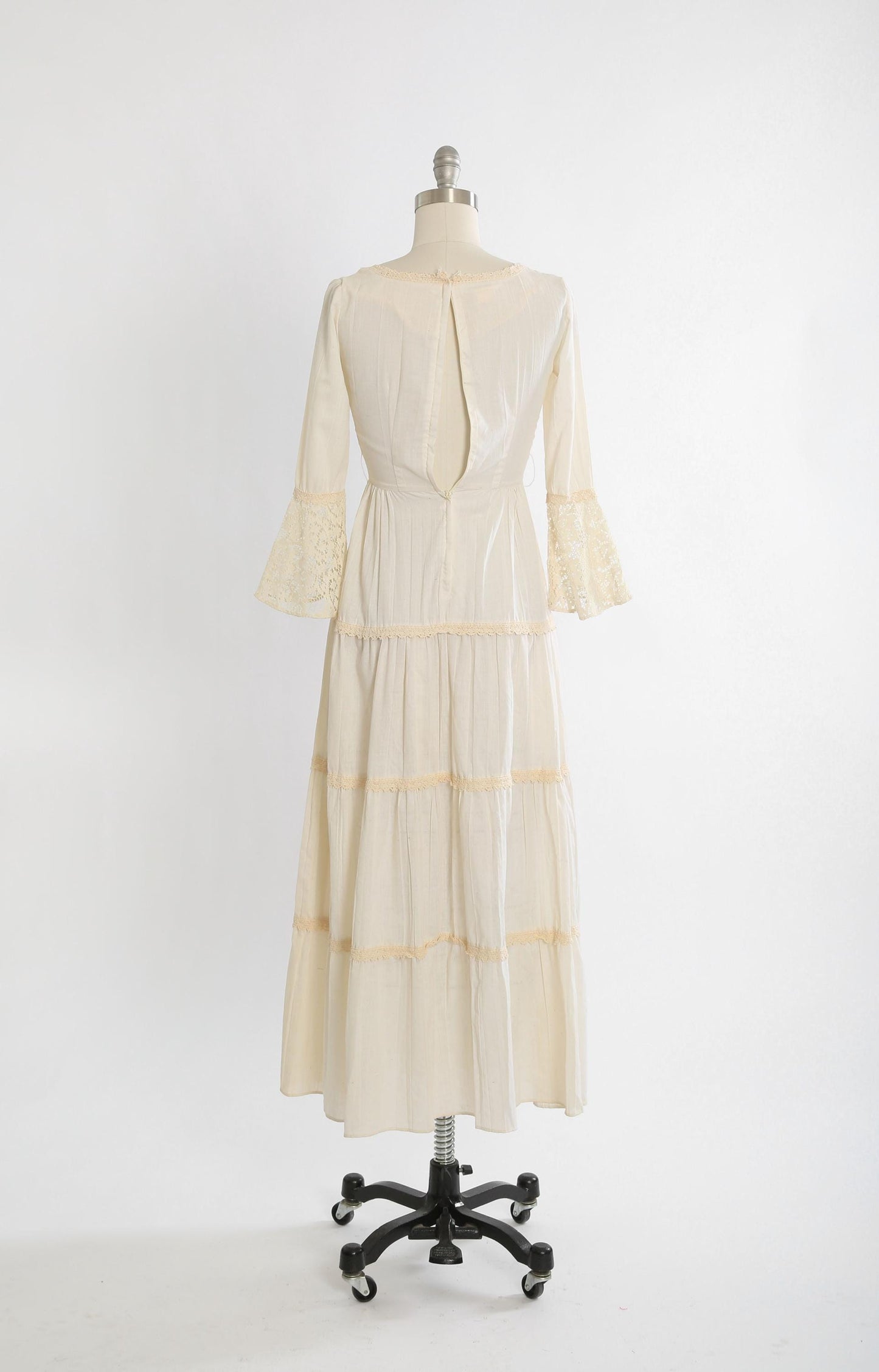 Peasant cotton gauze dress | Vintage 70s bell sleeve cotton gauze maxi dress | 1970s boho crochet cotton gauze dress