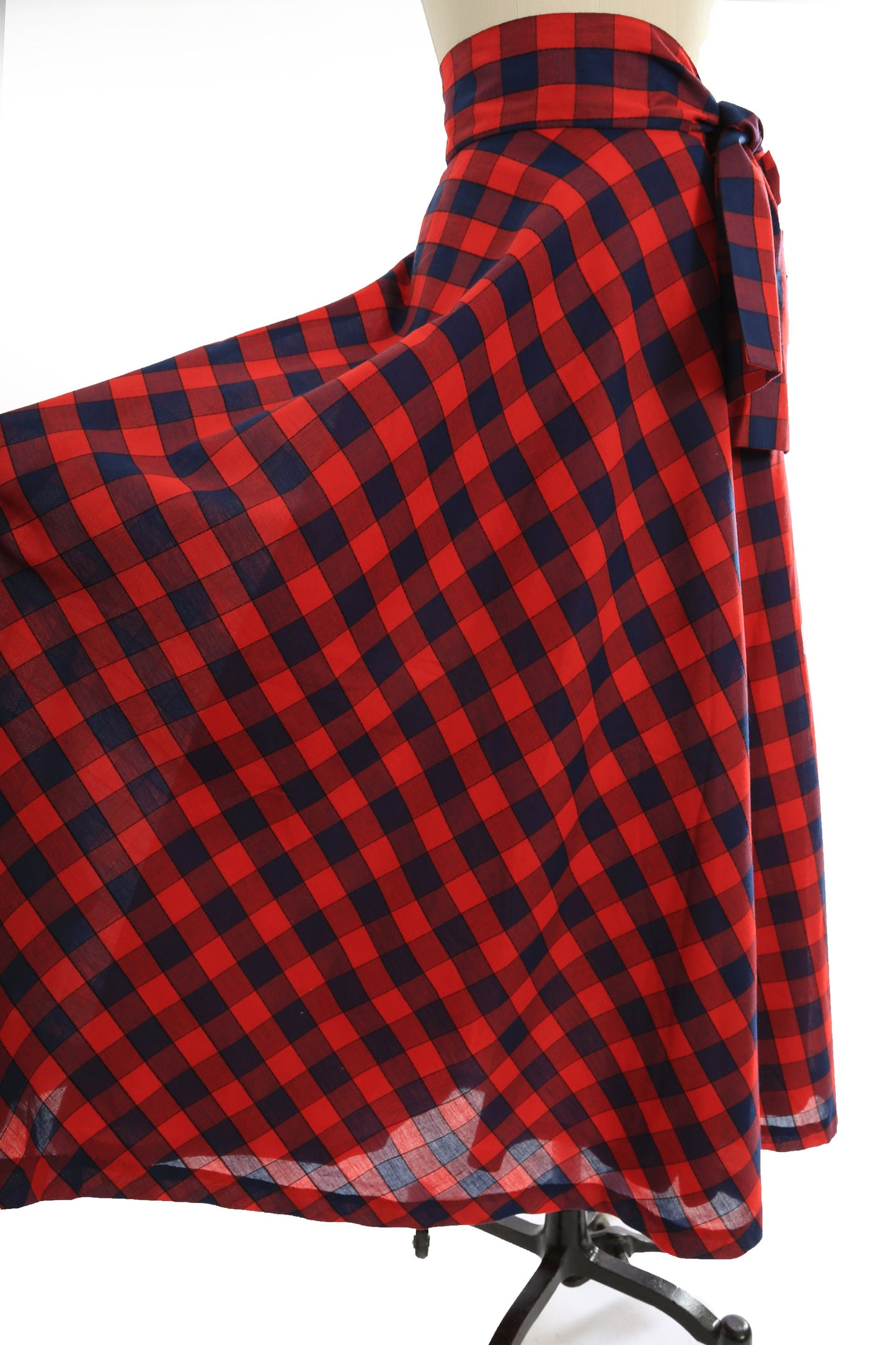60s Anne Klein maxi skirt | Vintage 1960s red + blue plaid bow skirt