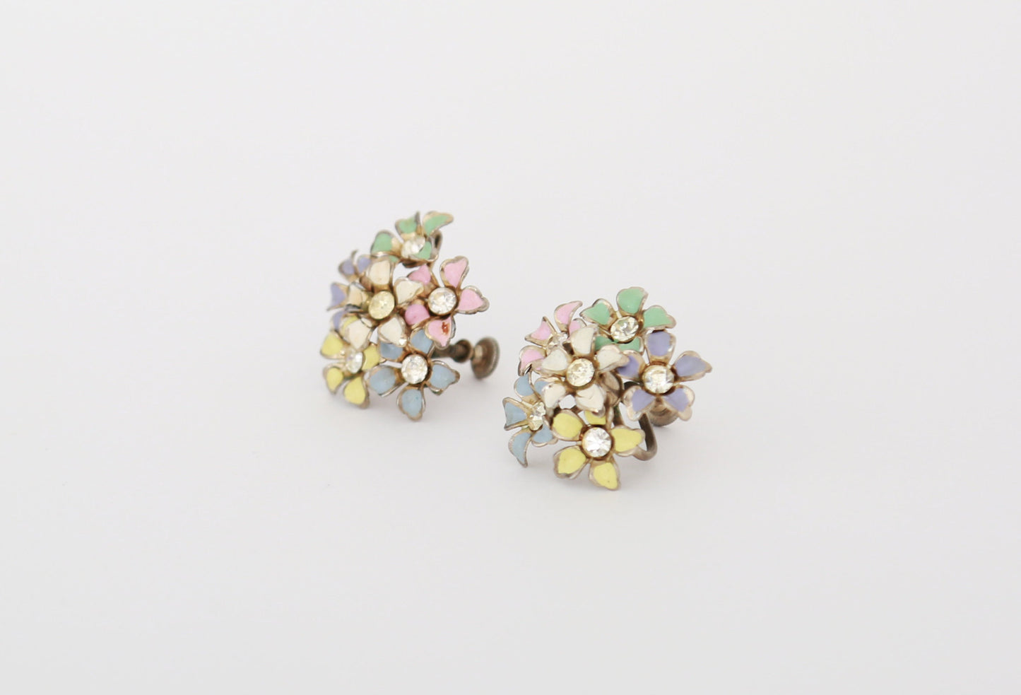 60s pastel rhinestone floral screw back earrings