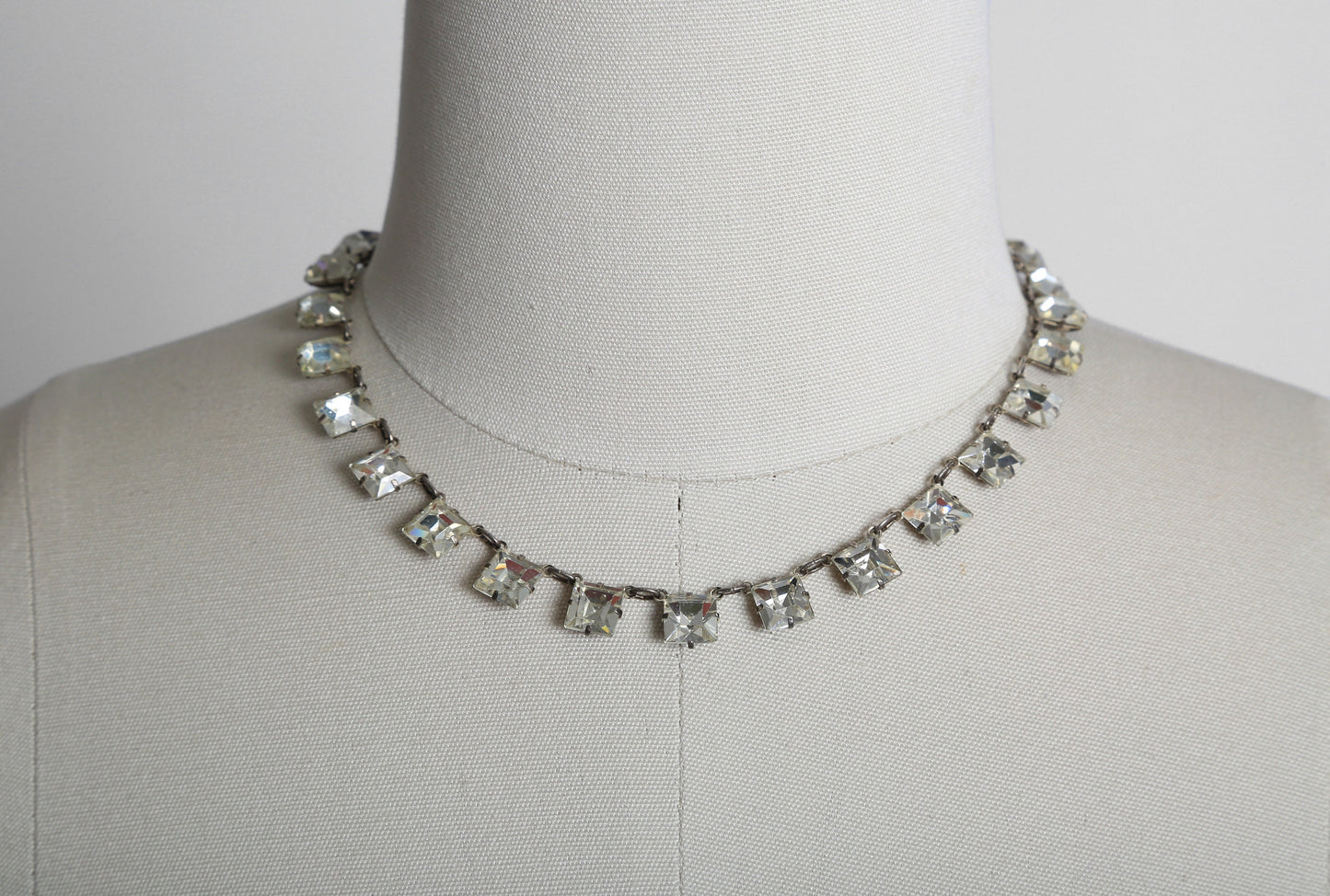 40s Square Cut glass Necklace | Antique Vintage 1940s delicate sterling silver jeweled necklace | Wedding necklace