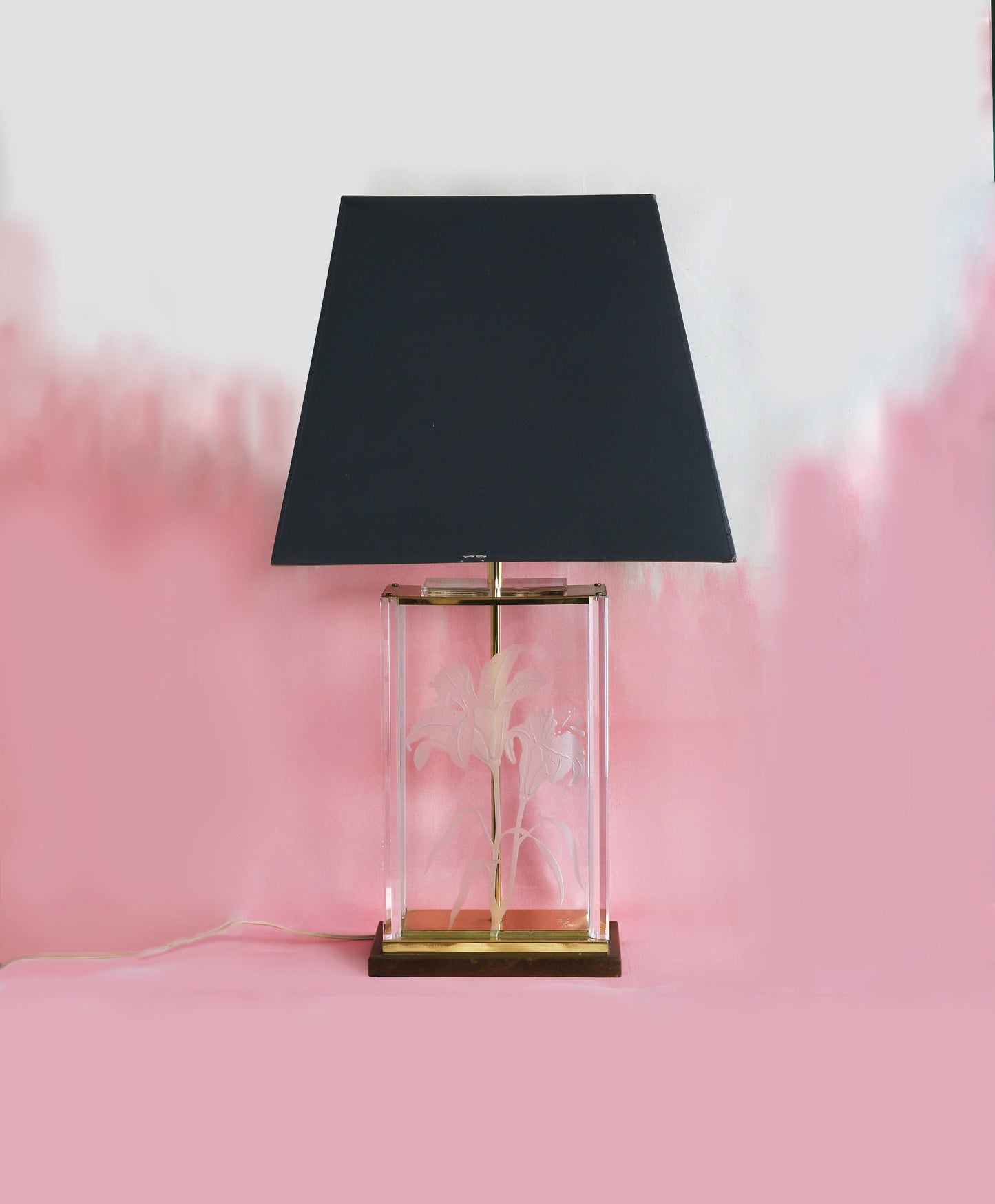 Vintage Fredrick Ramond signed Hollywood Regency acrylic floral etched glass lamp