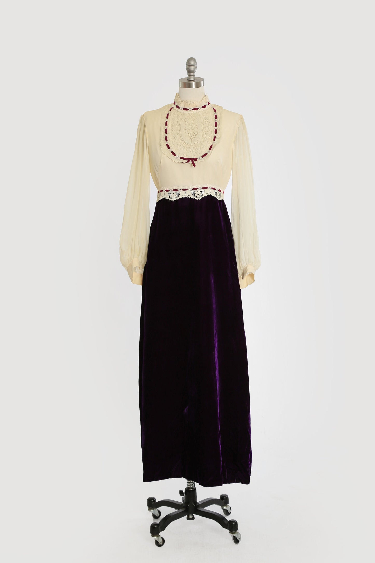 Vintage 70s ivory silk crochet boho purple velvet Maxi dress