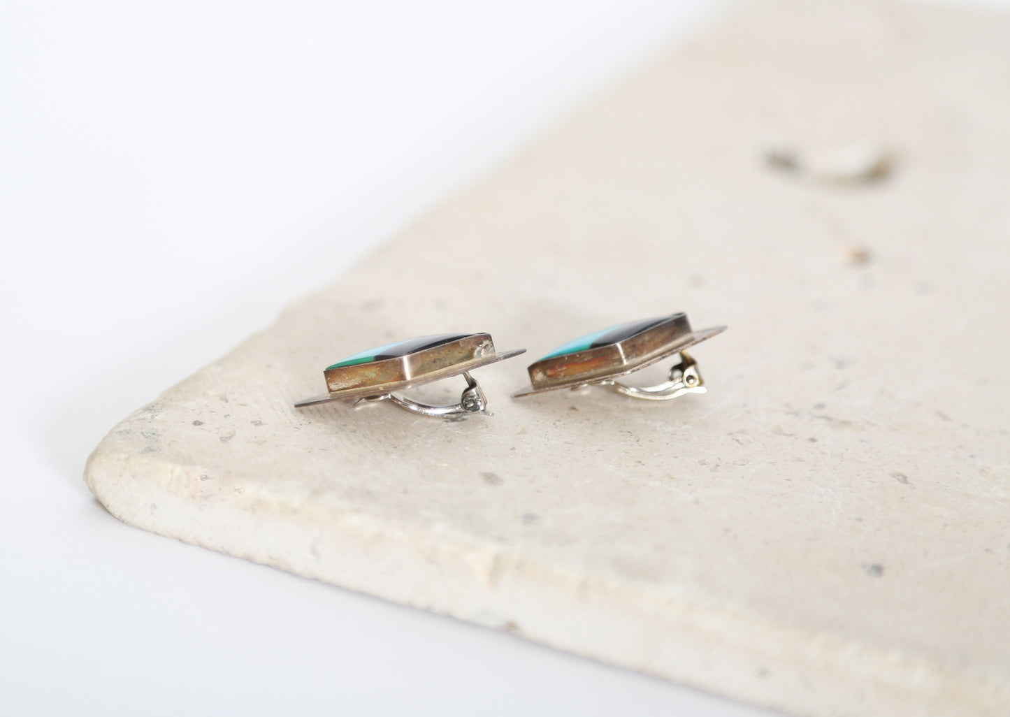 Vintage Sterling Silver Turquoise Onyx Mexican diamond clip on earrings