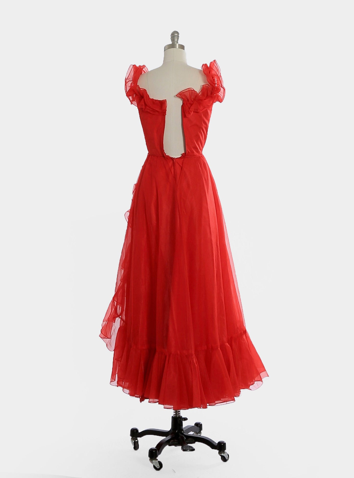 Vintage 70s red ruffle chiffon gown dress