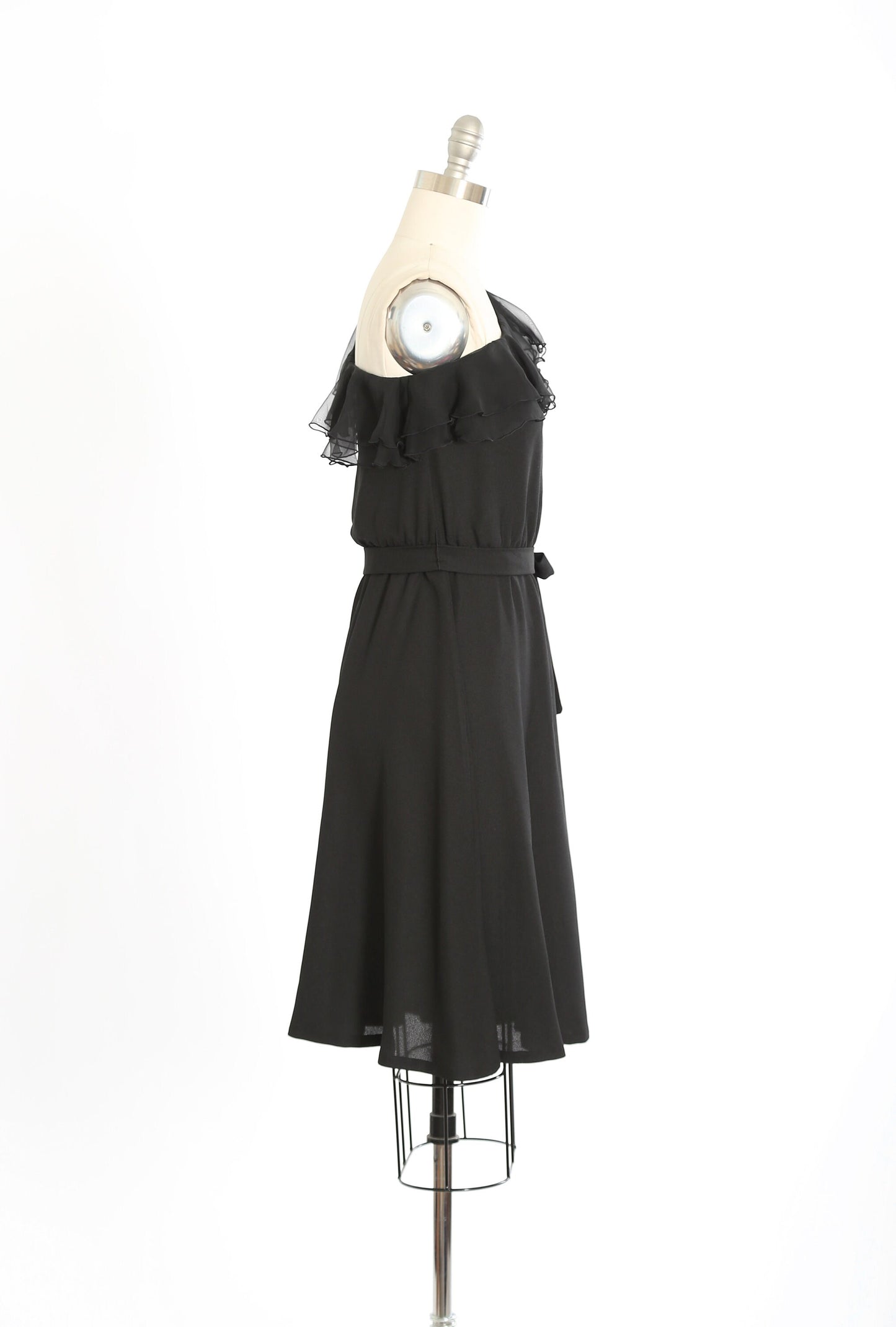 Vintage 70s one shoulder black ruffle mini dress