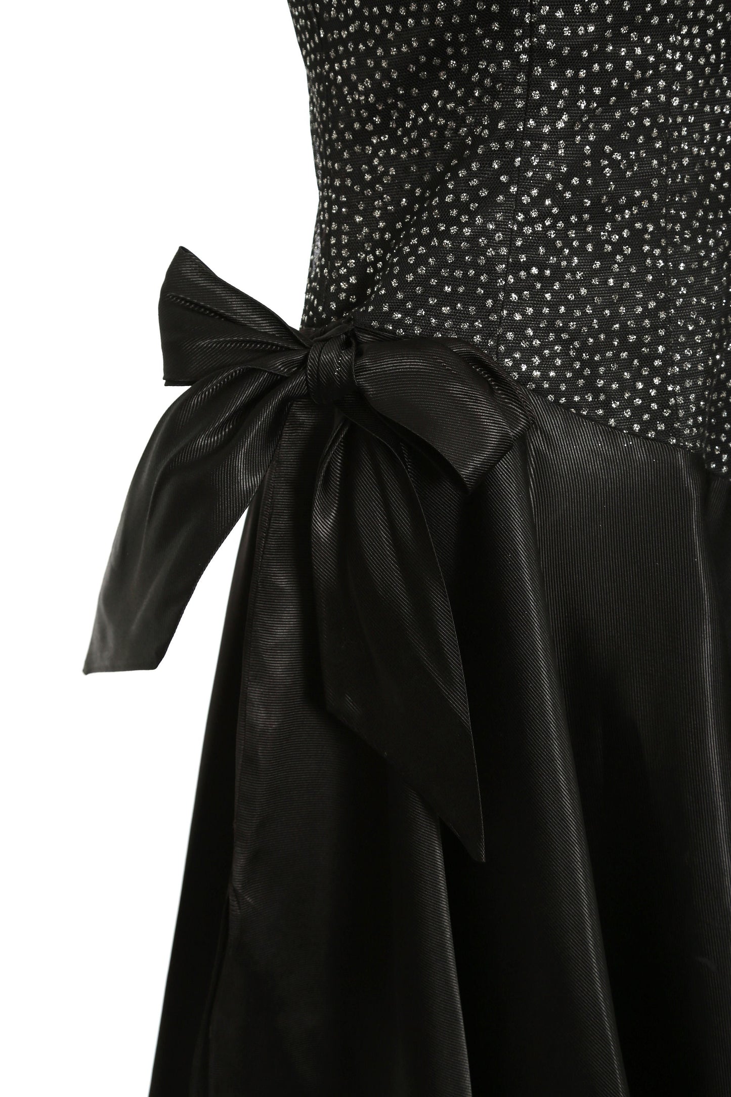 Vintage 90s does 50s black glitter asymmetrical satin cocktail dress