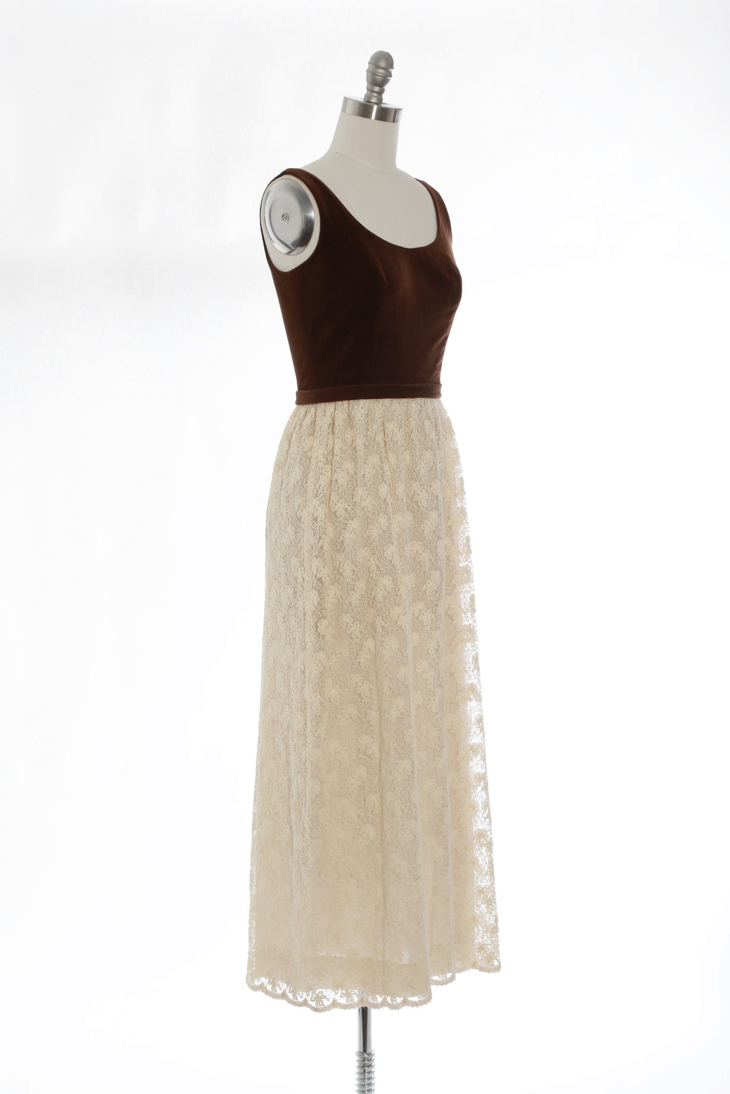 Lanz floral dress | vintage 70s brown velvet embroidered maxi dress | 1970s cream floral maxi dress