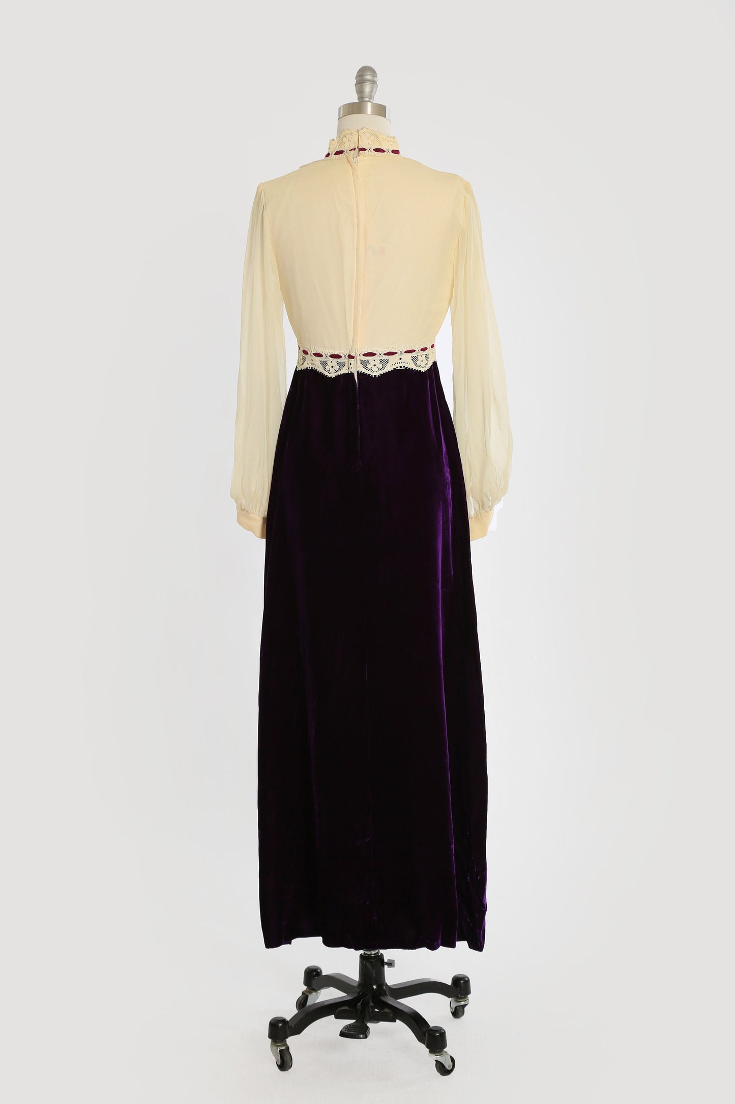 Vintage 70s ivory silk crochet boho purple velvet Maxi dress