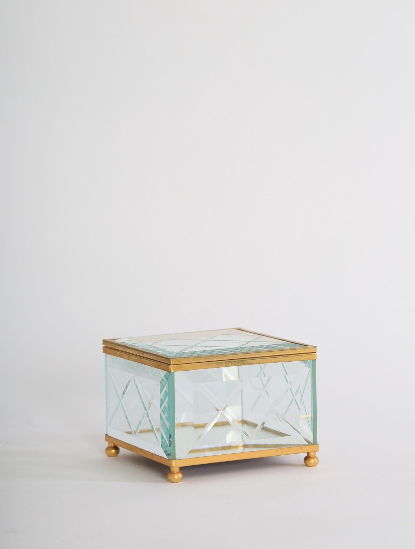 Vintage cut glass brass Jewelry Casket Box