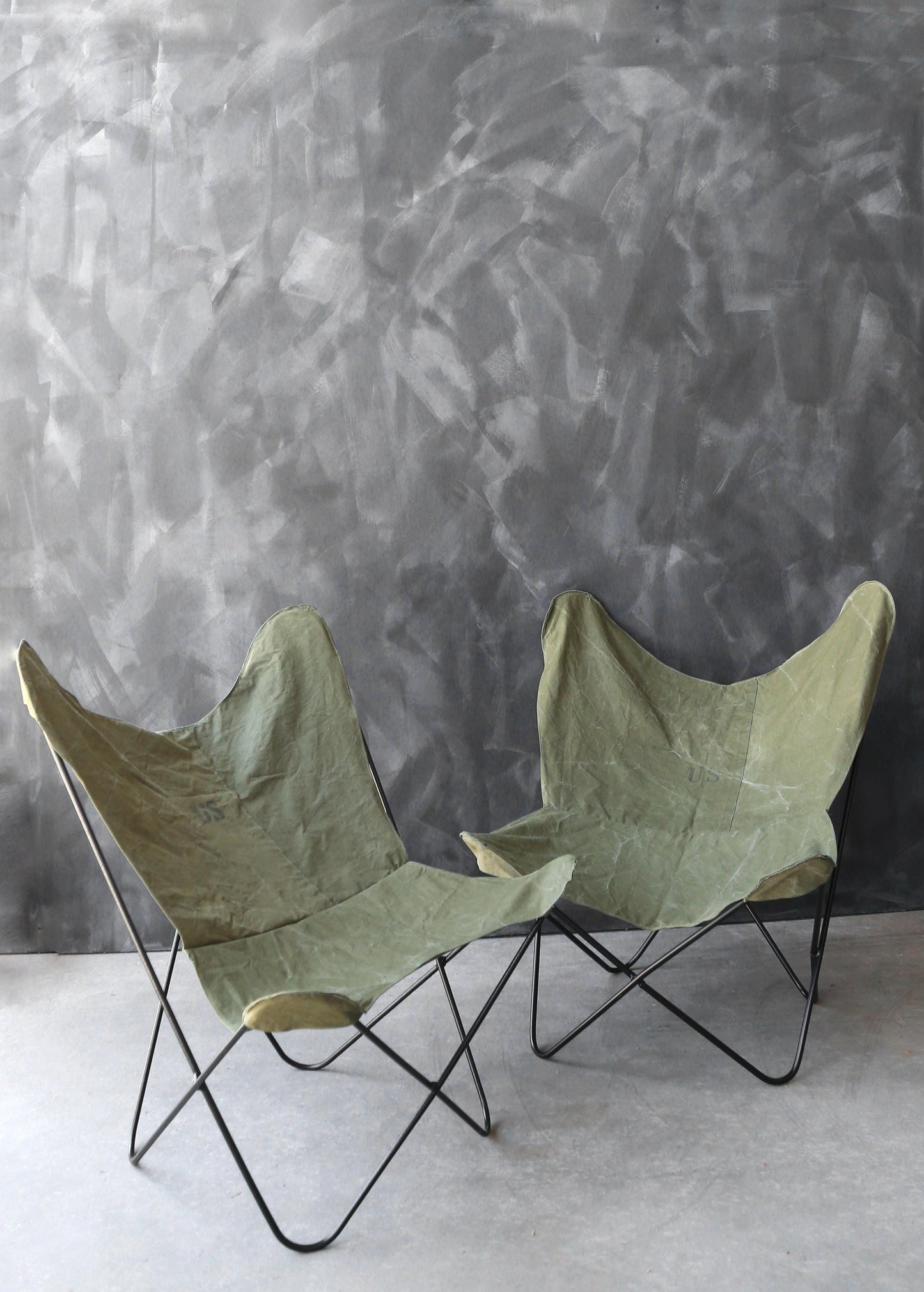 Mid Century Modern 1960s BKF Hardoy for Knoll Butterly chairs US Military canvas covers