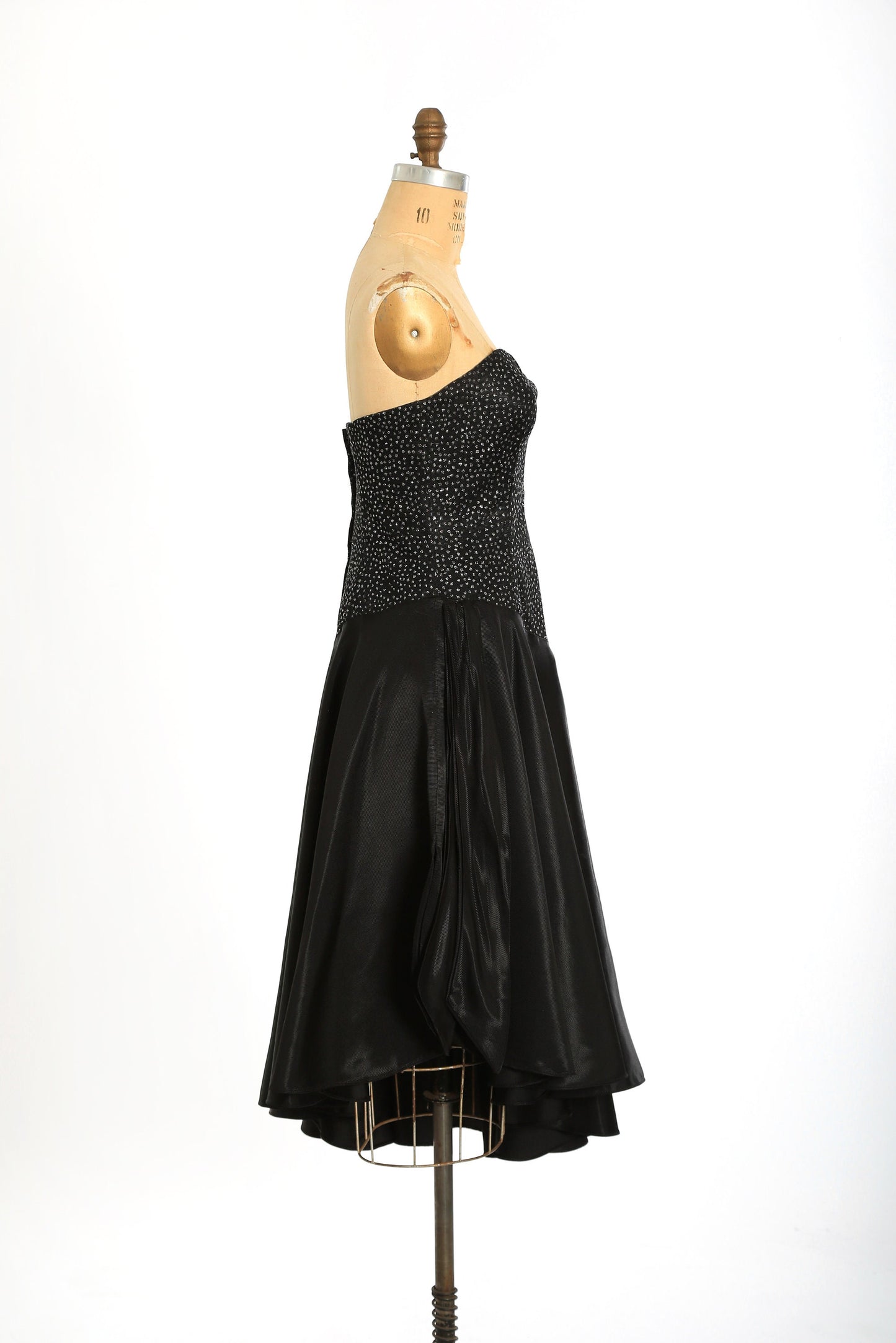 Vintage 90s does 50s black glitter asymmetrical satin cocktail dress