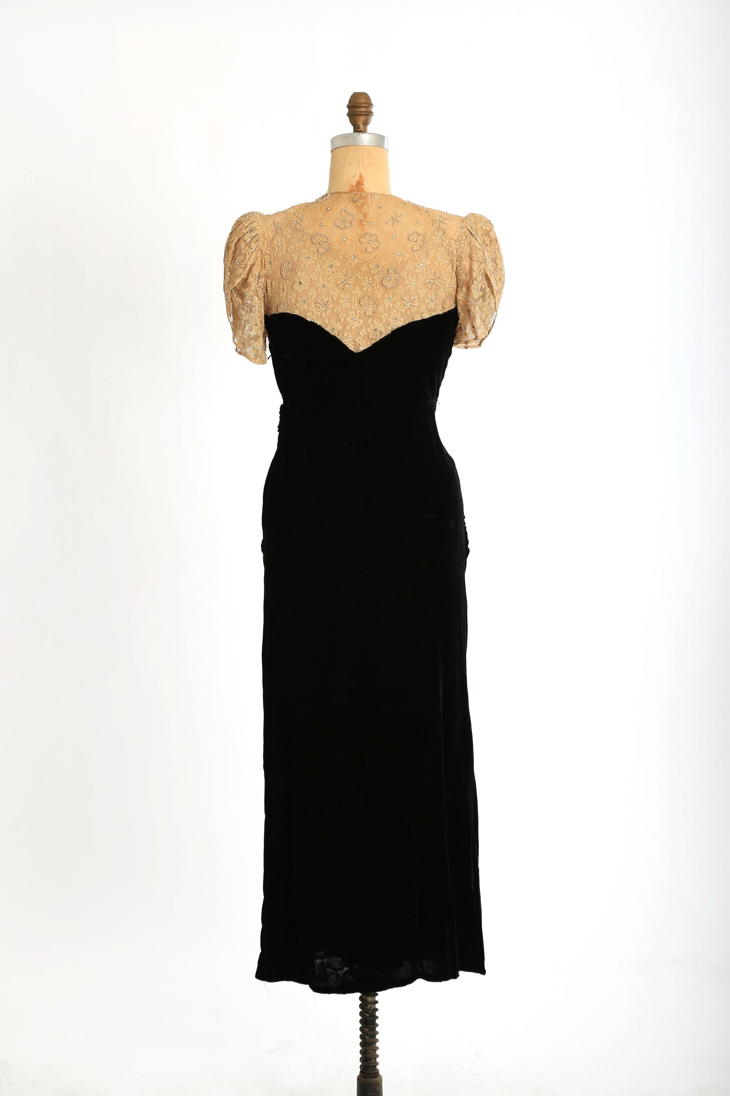 Antique Vintage 1930s black velvet floral rhinestone lace dress