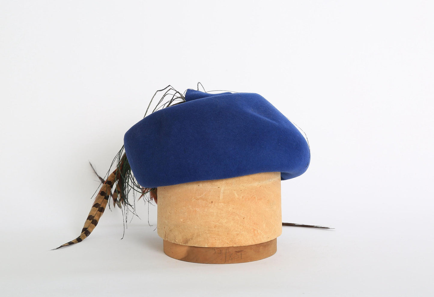40s Blue wool Feather Hat | Vintage 1940s Geo w Bollman blue hat