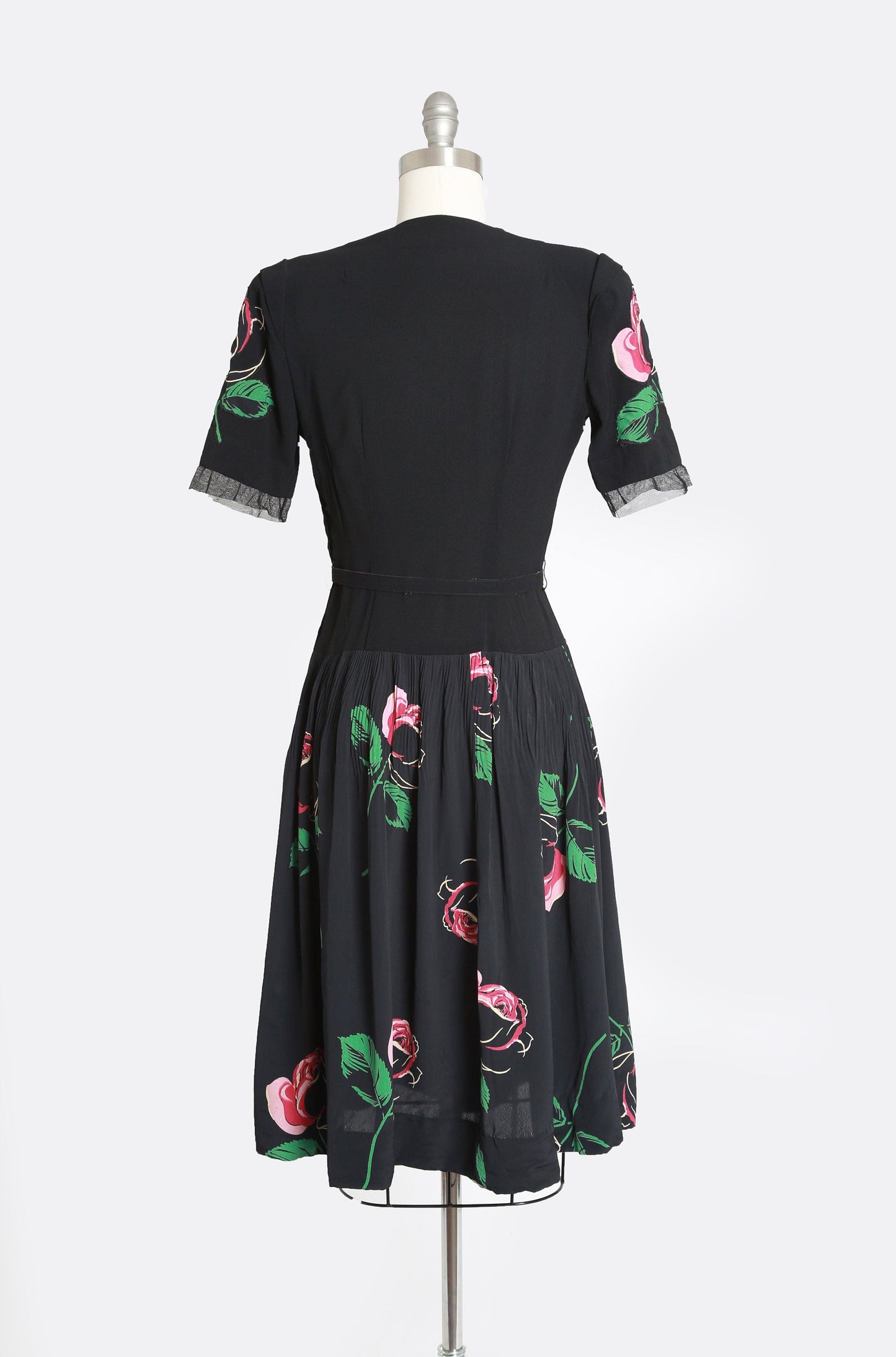 40s rose dress | Vintage 40s black floral Appliqué rose midi dress