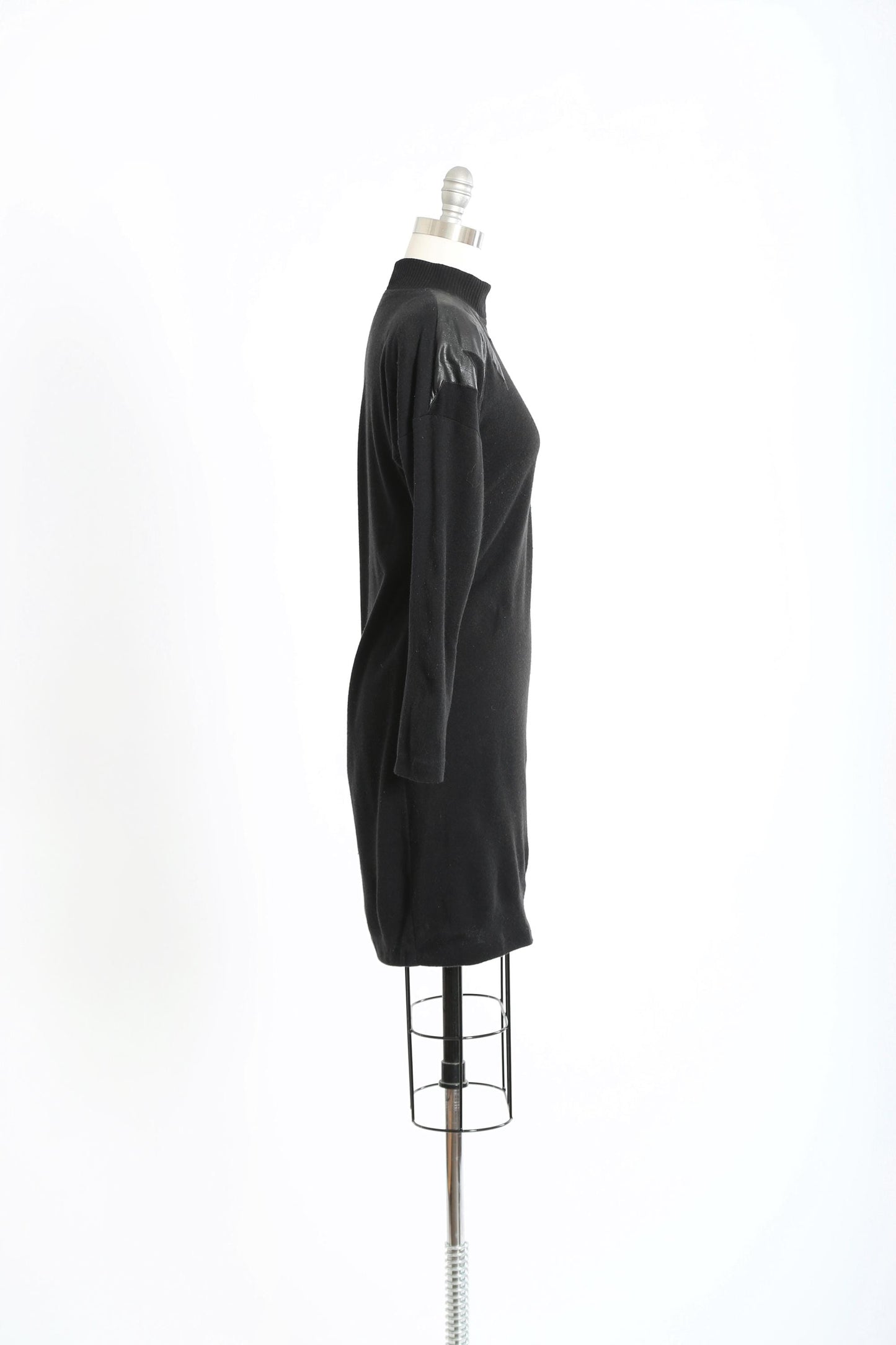 Vintage 80s black knit faux leather bodycon dress