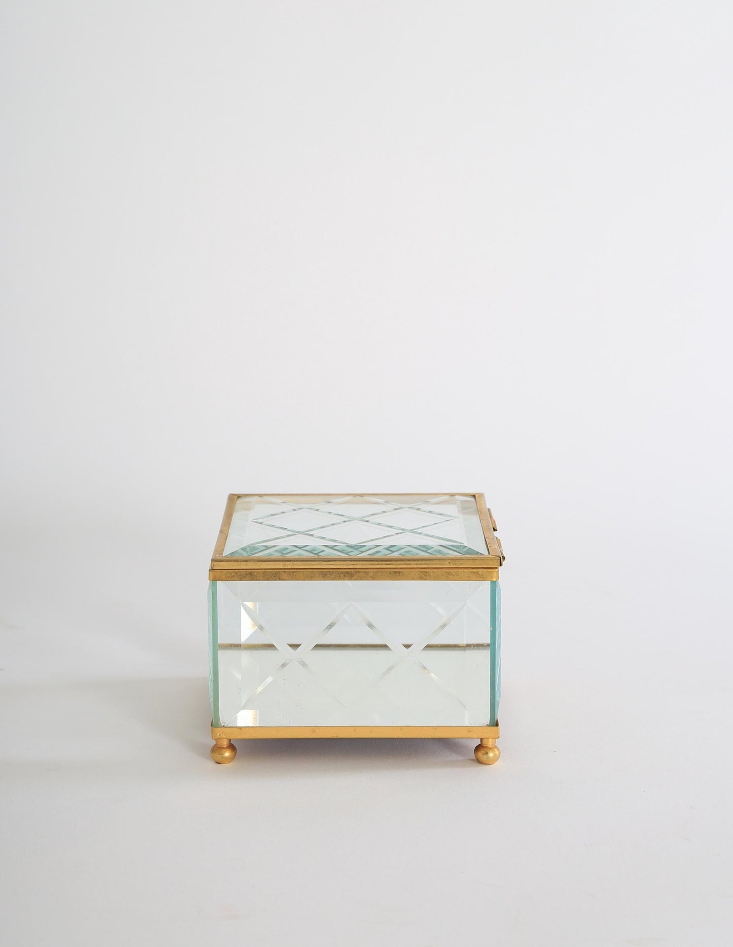 Vintage cut glass brass Jewelry Casket Box