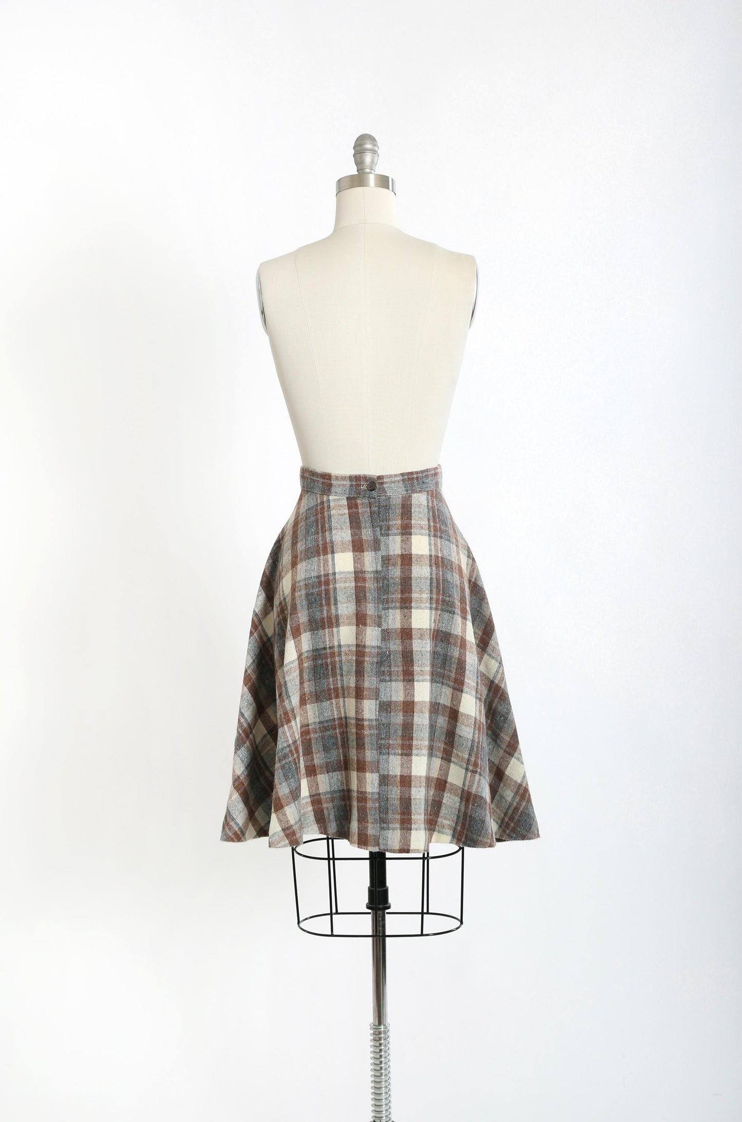 Plaid wool skirt | Vintage 70s woven brown blue plaid wool skirt