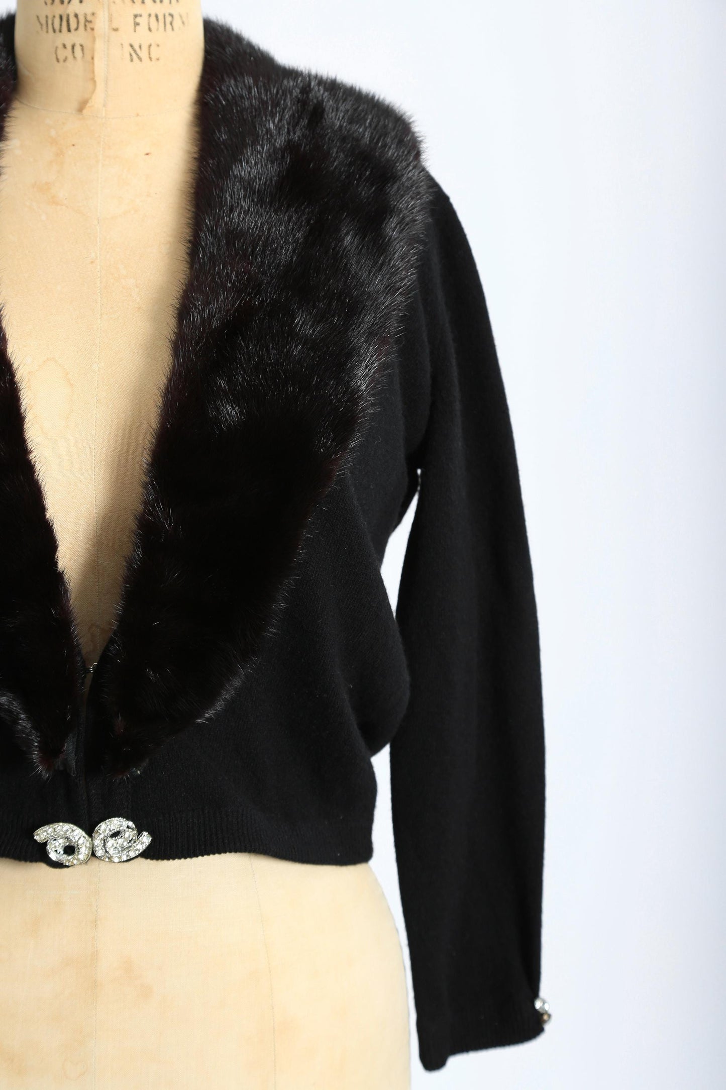 Vintage 50s black Cashmere Mink fur Collar knit cardigan sweater