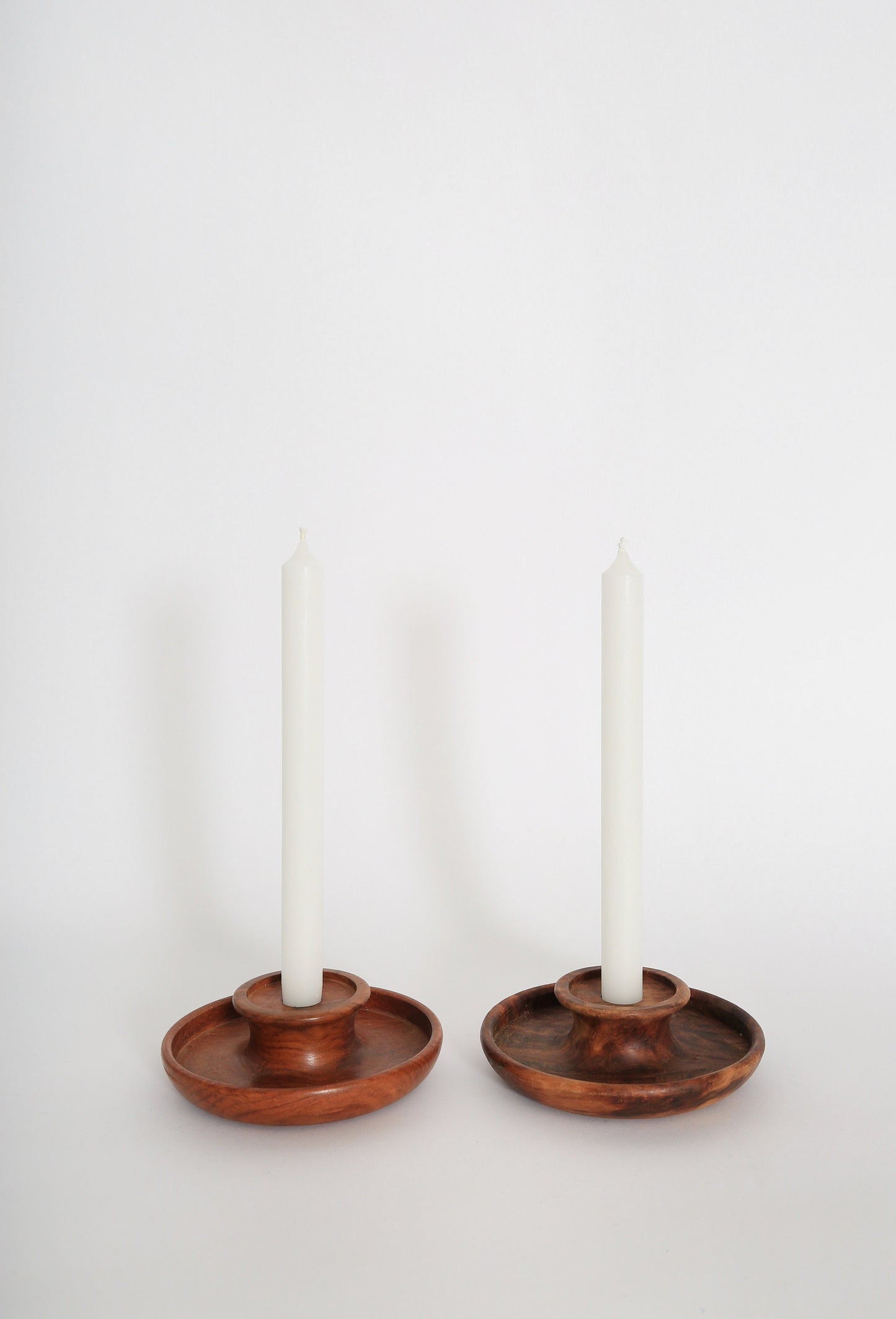 Vintage walnut turned wood candle stick holders pair