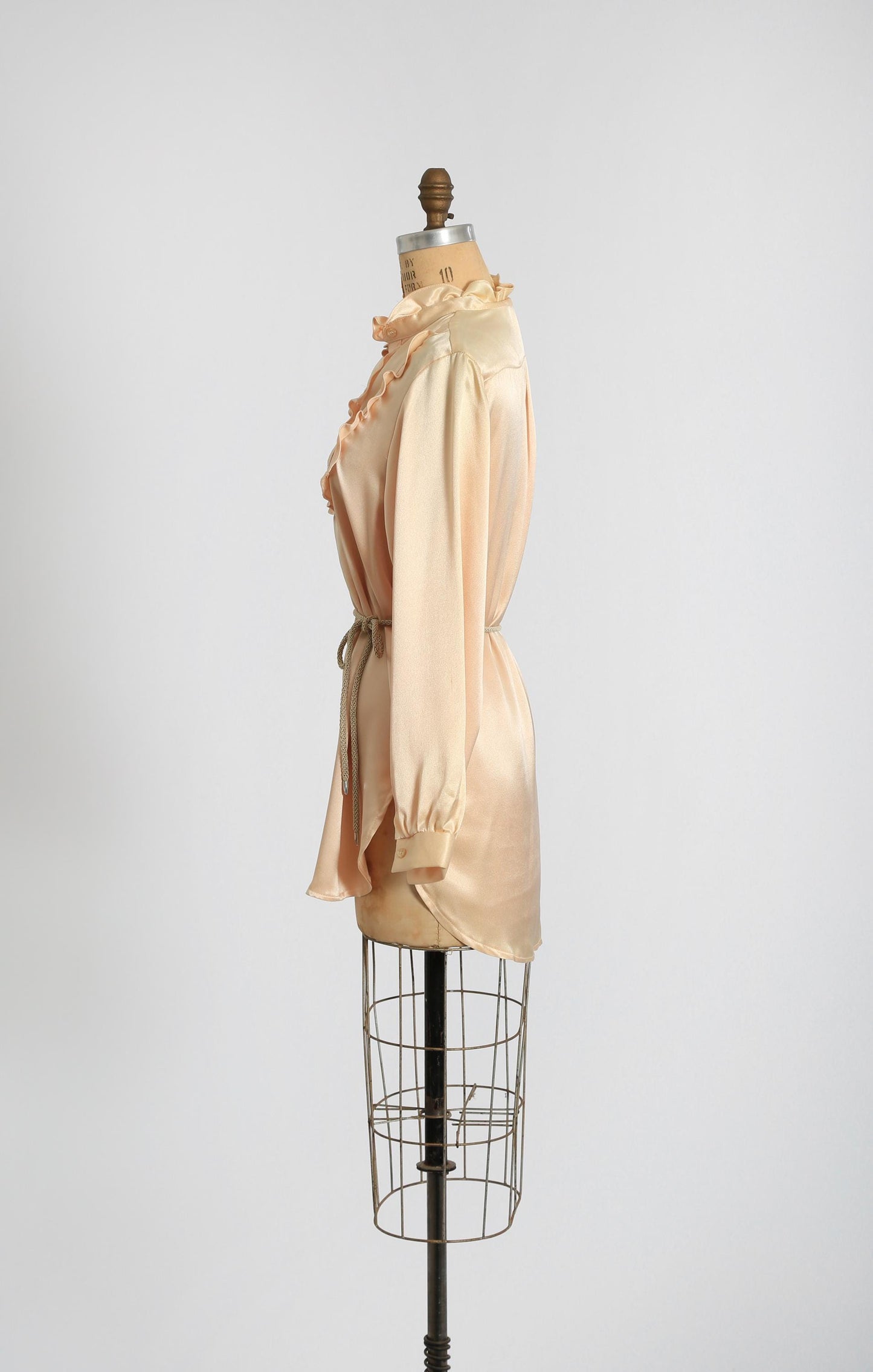 70s Fritzi belted Tuxedo blouse | Vintage 1970s Peach satin ruffle tuxedo top