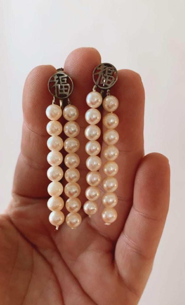 Vintage Ty Lee sterling Silver Chinese Pearl dangle earrings