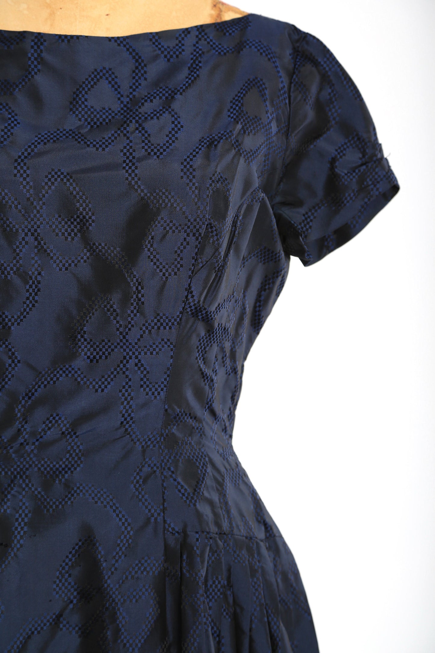 Vintage 50s Neiman Marcus blue silk taffeta bow open back cocktail dress
