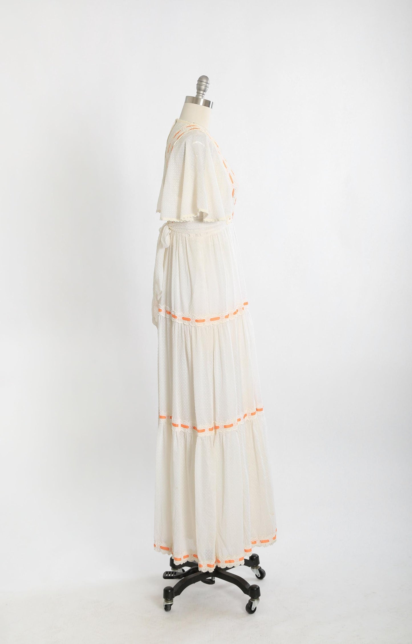 Vintage 70s white cotton Swiss got orange maxi dress