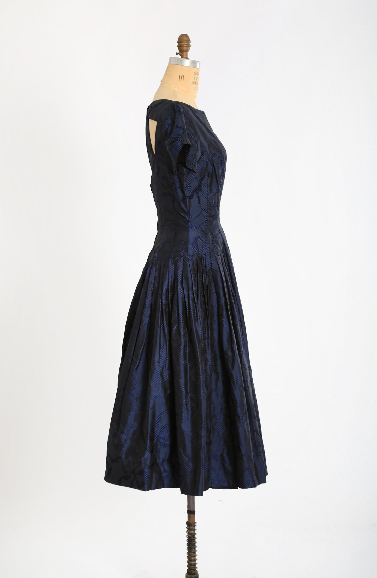 Vintage 50s Neiman Marcus blue silk taffeta bow open back cocktail dress
