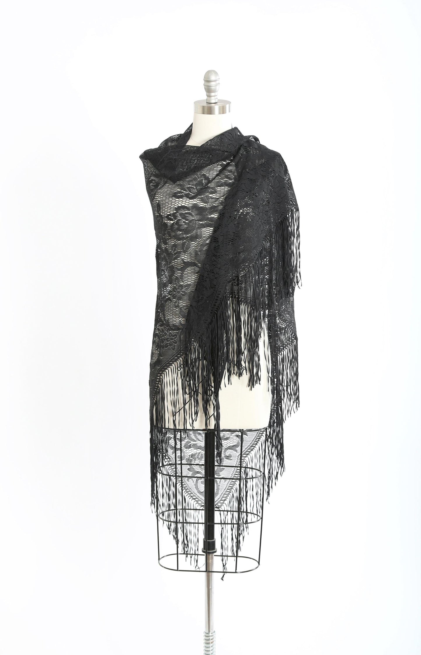 Vintage 70s Black floral lace piano shawl
