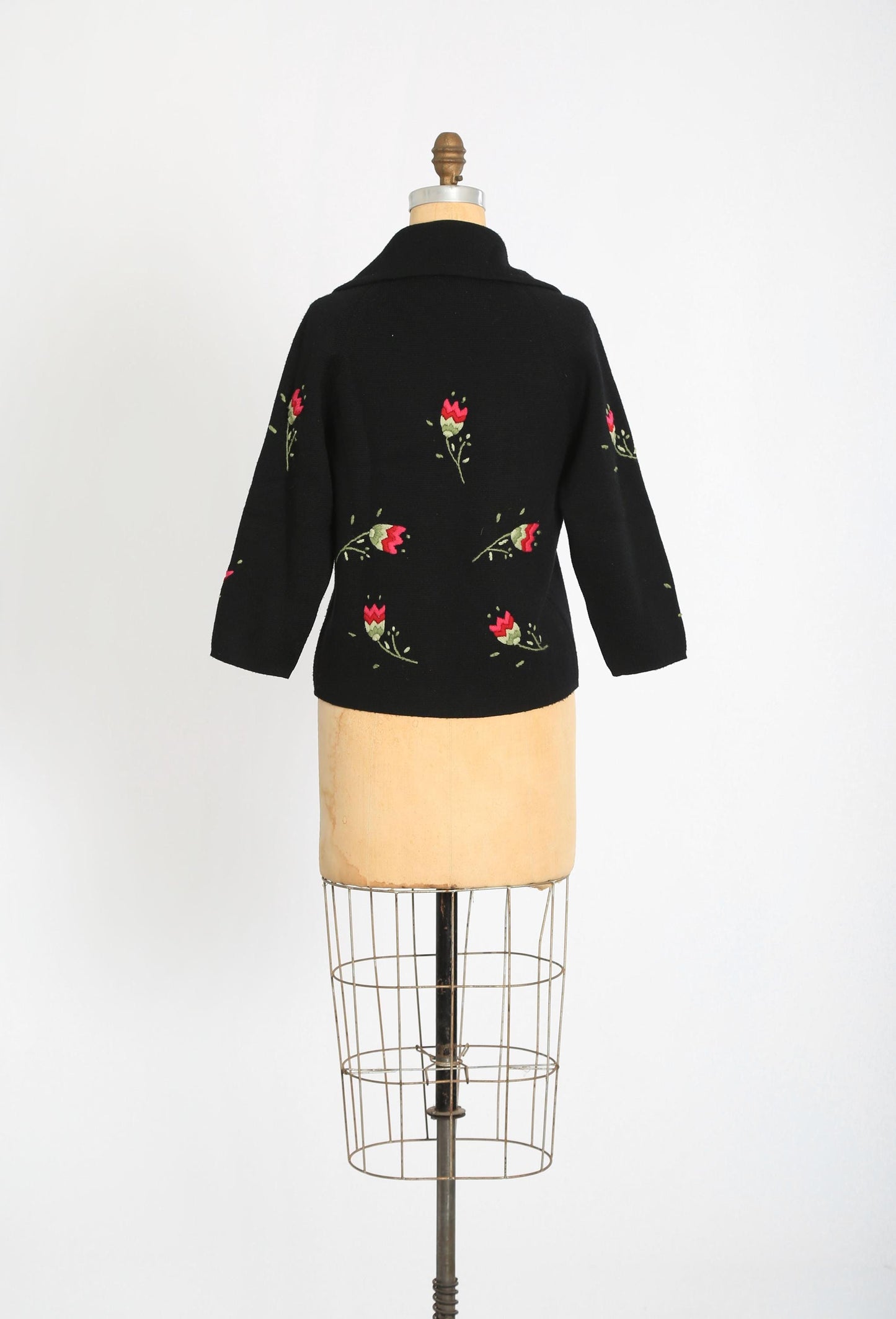 60s Italian black floral knit cardigan | Vintage 1960s Embroidered floral tulip cardigan