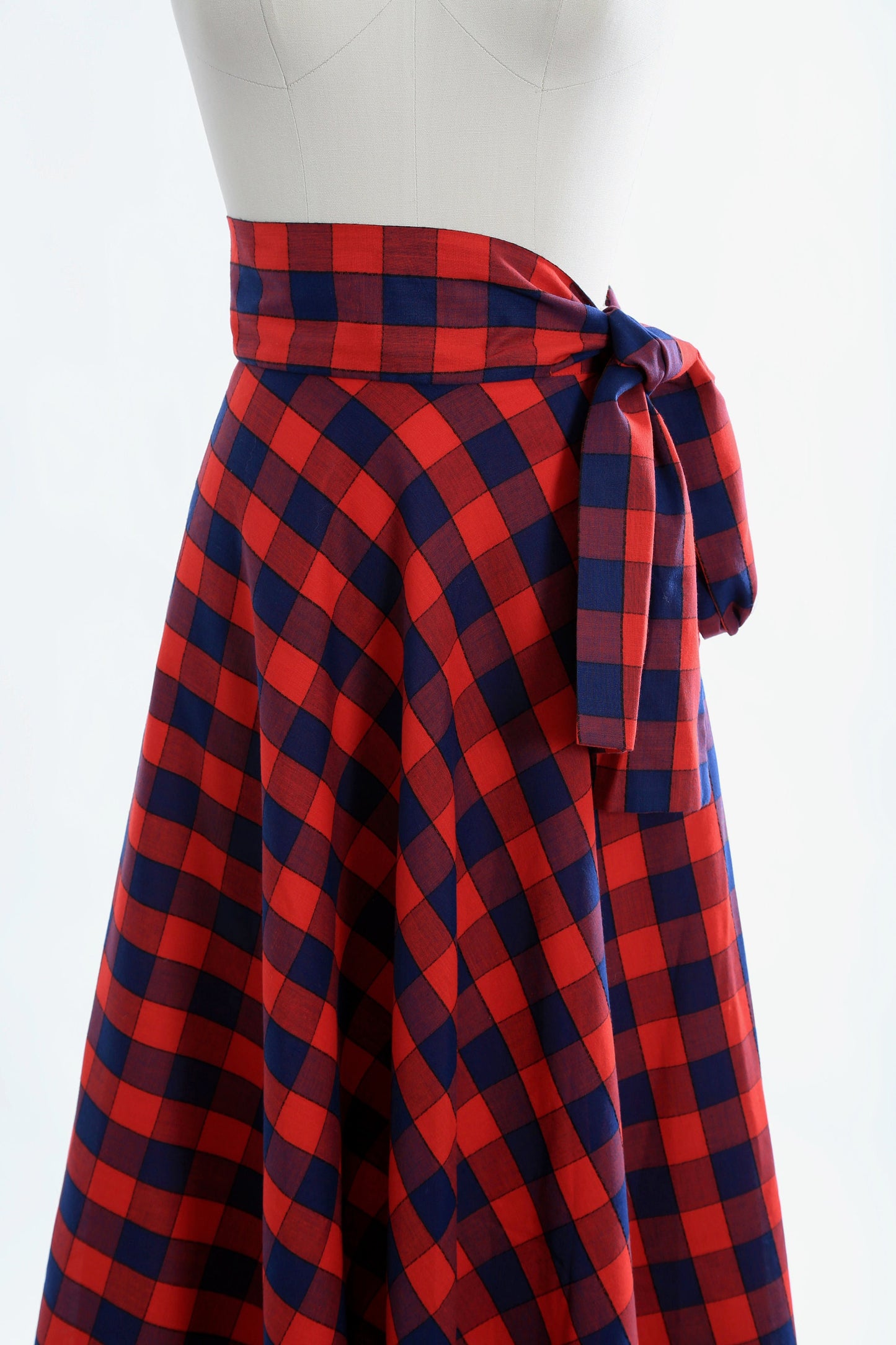 60s Anne Klein maxi skirt | Vintage 1960s red + blue plaid bow skirt