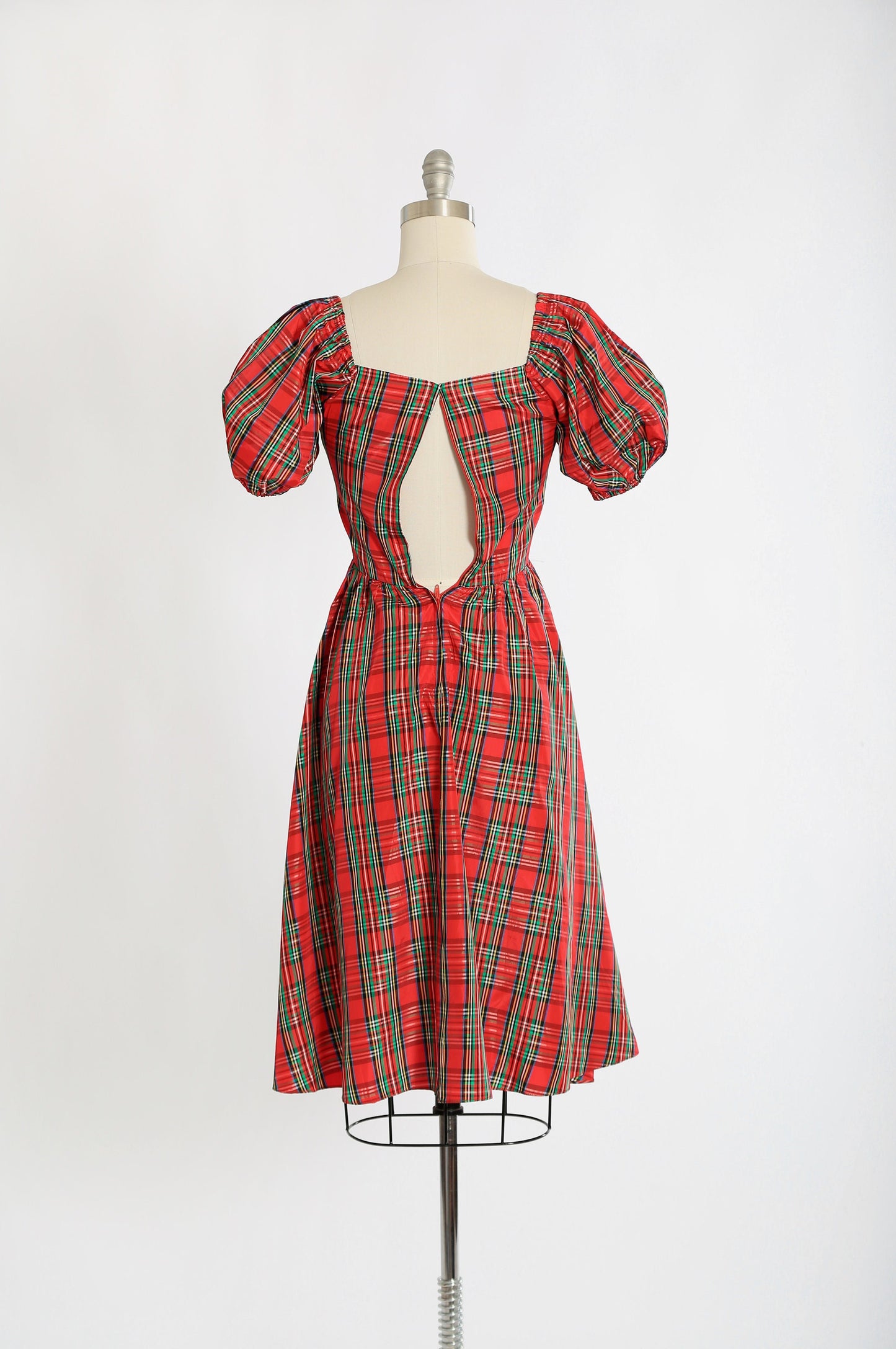 Vintage 80s Red plaid puff sleeve satin dress