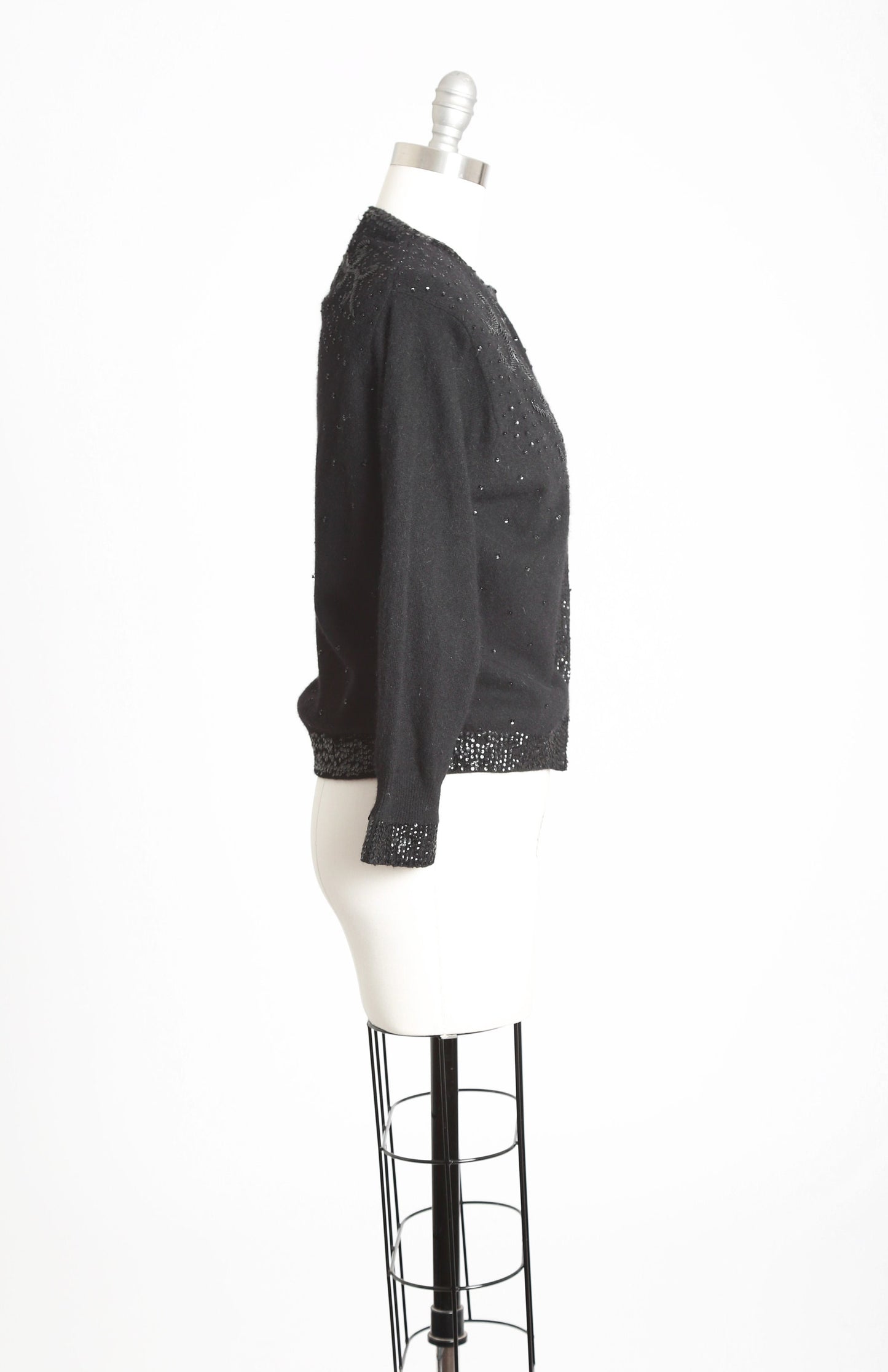 Sequin lambswool cardigan | Vintage 50s black sequin knit cardigan | 1950s Cyn Less angora beaded sweater